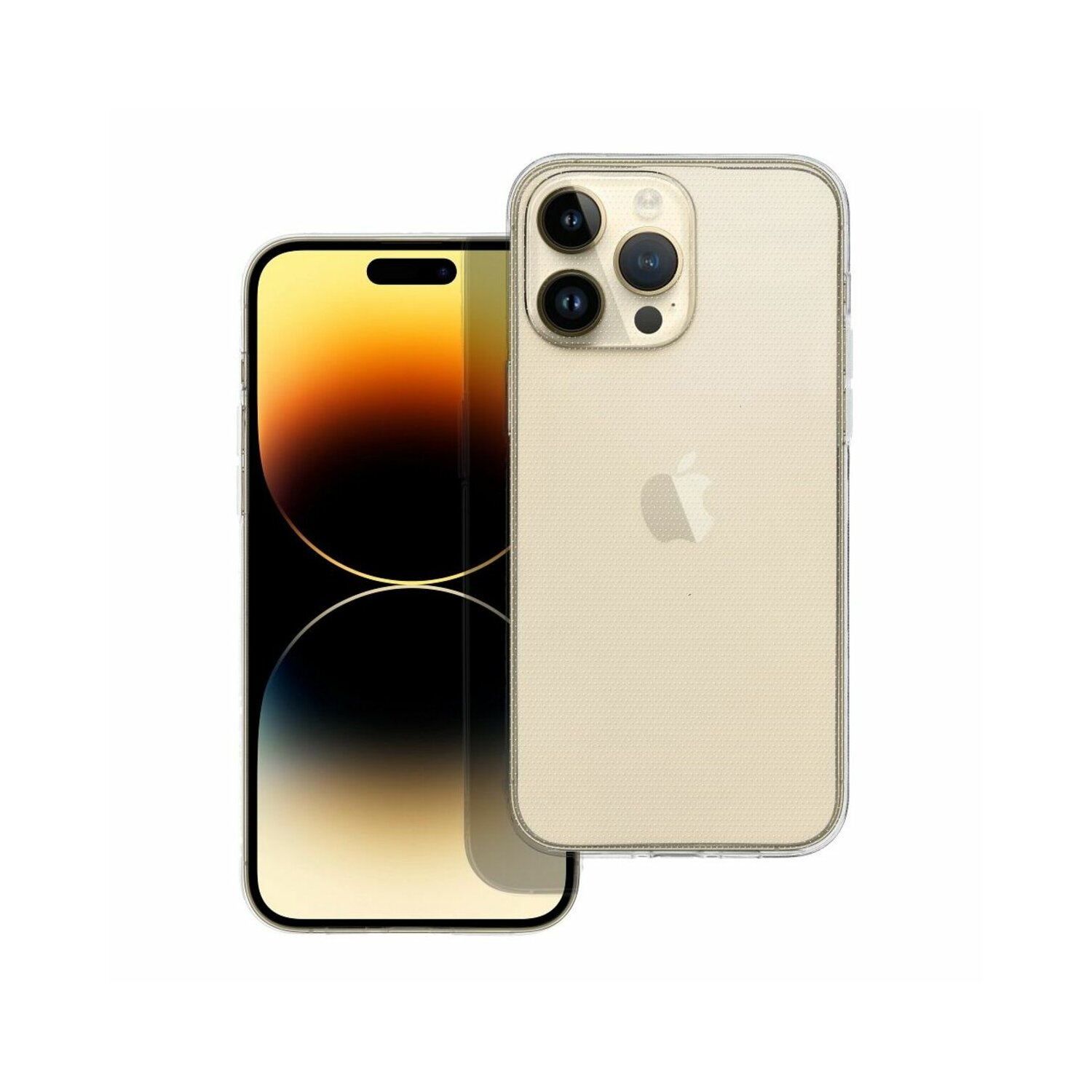 Un iPhone 14 Pro dorato con custodia, che mostra la fotocamera e uno schermo nero.