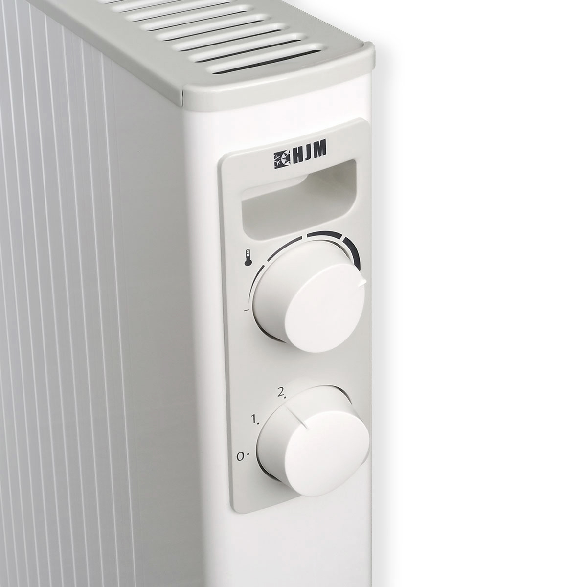 Calentador blanco con controles de temperatura y potencia. Arriba un asa, diales a la derecha.