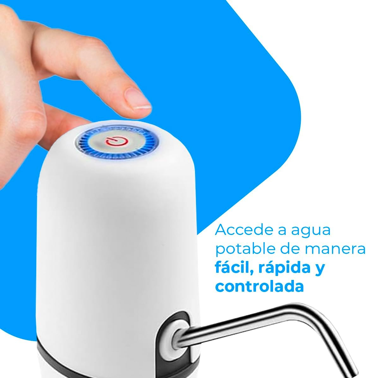 Una pompa dell'acqua bianca con un accento blu e un testo in spagnolo accanto, sfondo blu.