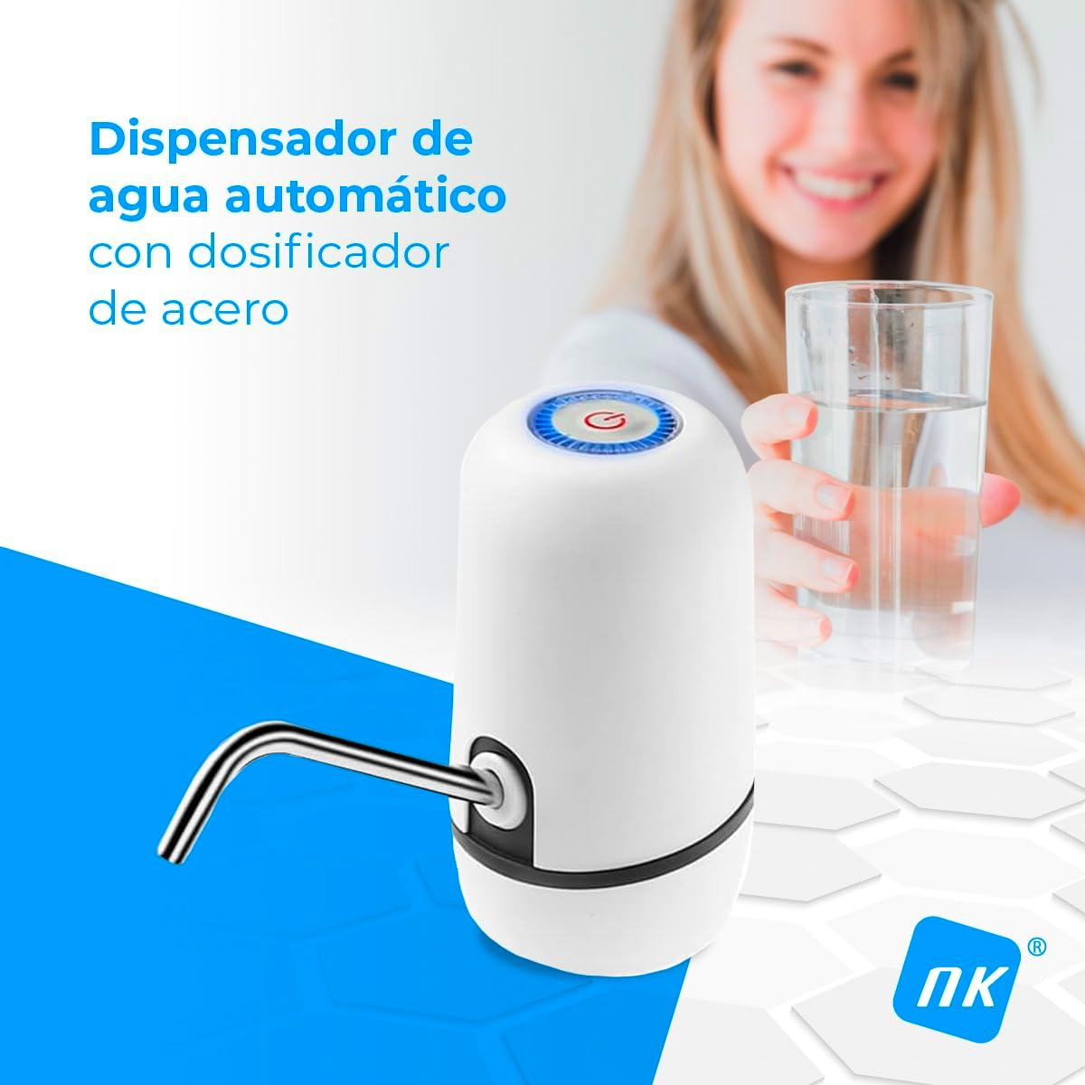Un distributore d'acqua bianco con una donna che tiene un bicchiere d'acqua.