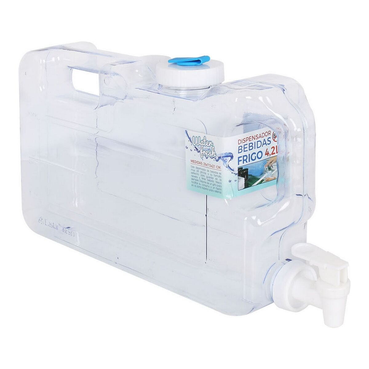 Erogatore d'acqua in plastica trasparente. Coperchio blu, beccuccio bianco. Testo: Erogatore di bevande.