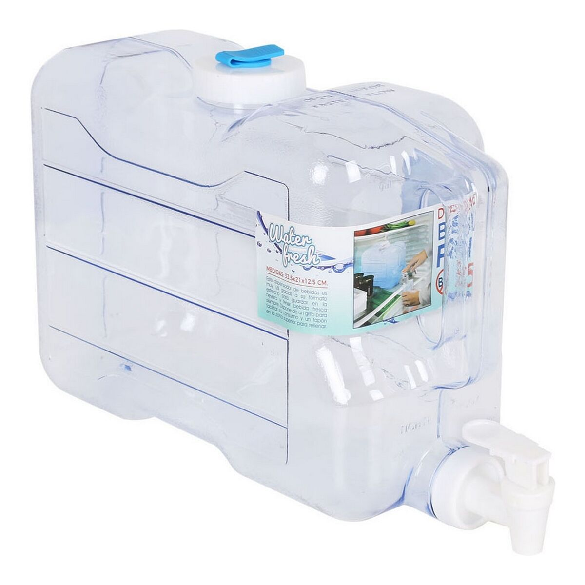 Brocca d'acqua trasparente, rettangolare, con beccuccio bianco e tappo blu. Etichetta con dettagli del prodotto.