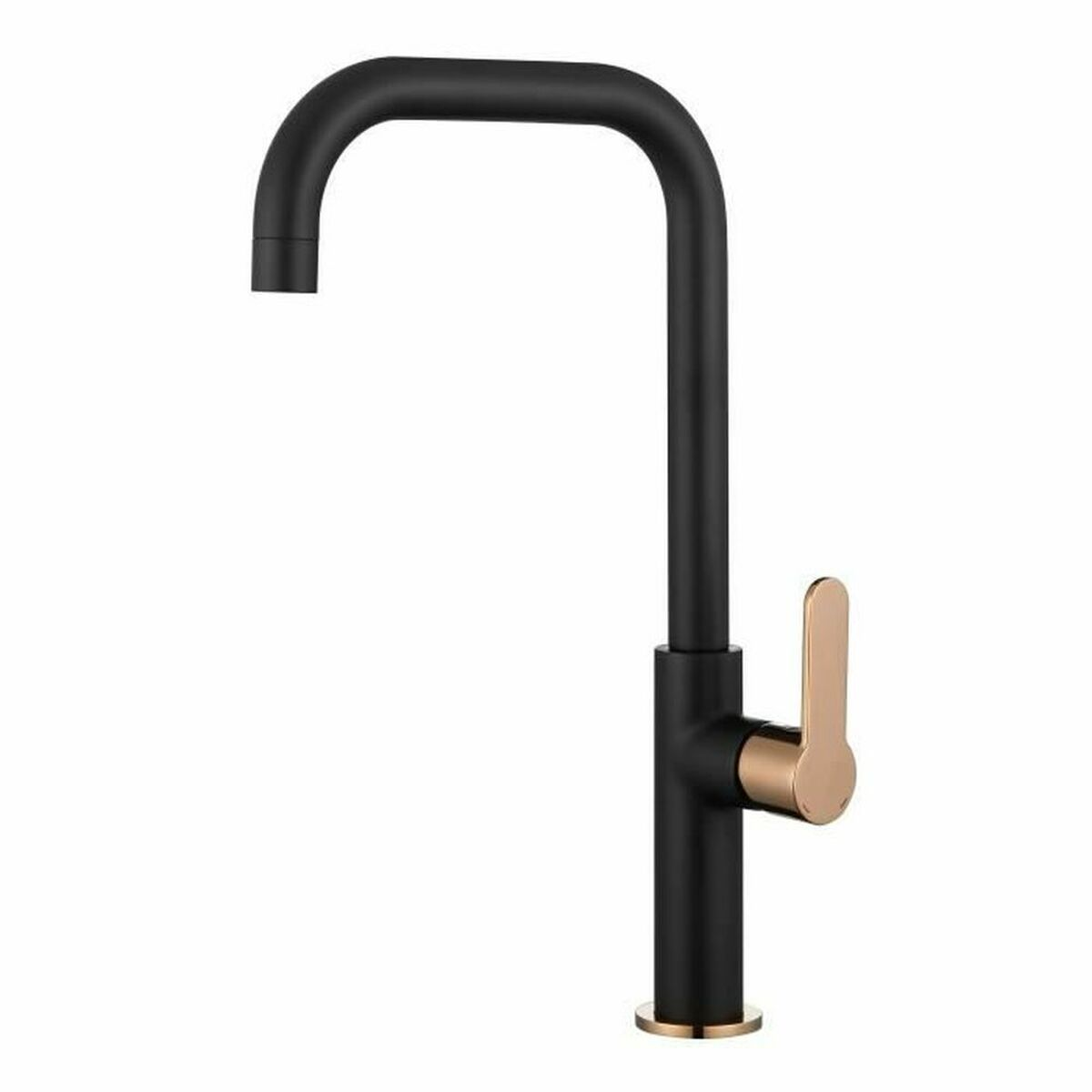 Eine schwarze Küchenarmatur mit gebogenem Auslauf und einem goldfarbenen Hebel.