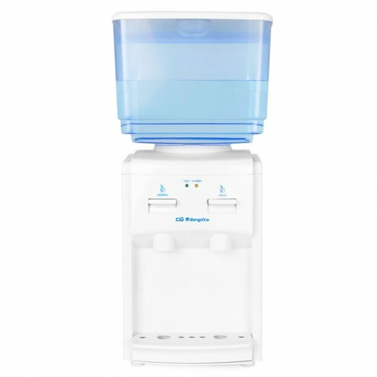Dispensador de agua blanco con un recipiente azul en la parte superior, con botones e indicadores frontales.