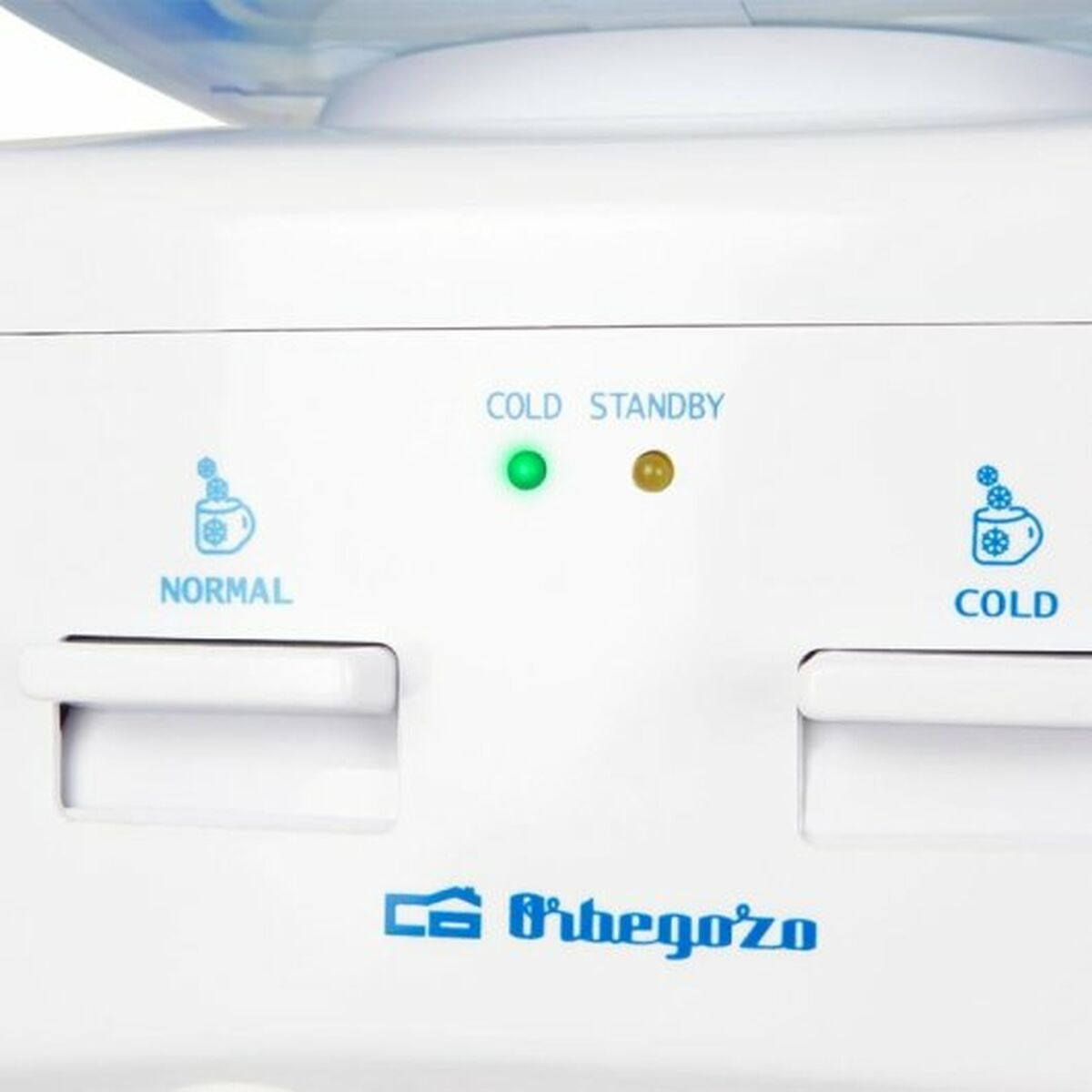 Dispensador de agua blanco con botones para agua fría y normal. Luz verde indica espera fría.