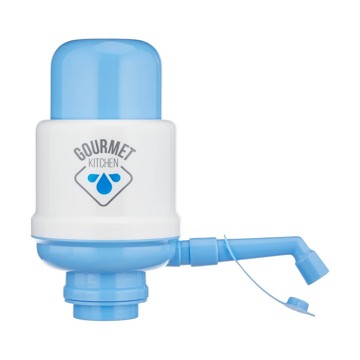 Blauer und weißer Wasserspender mit Ausguss und Knopf.