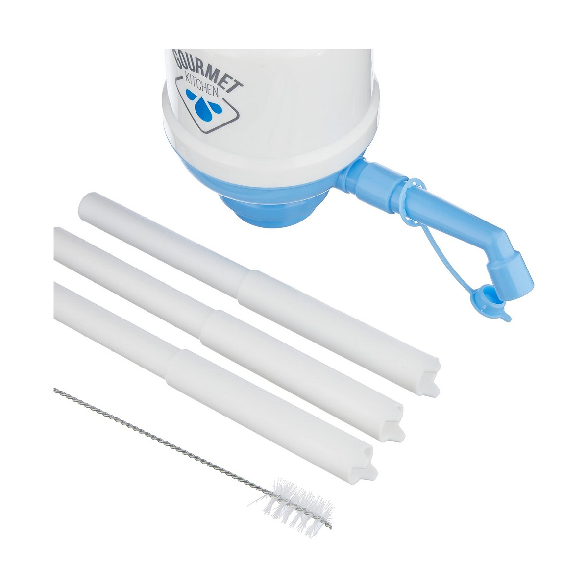 Weiß-blauer Wasserfilter mit drei Filtern und einer Bürste.