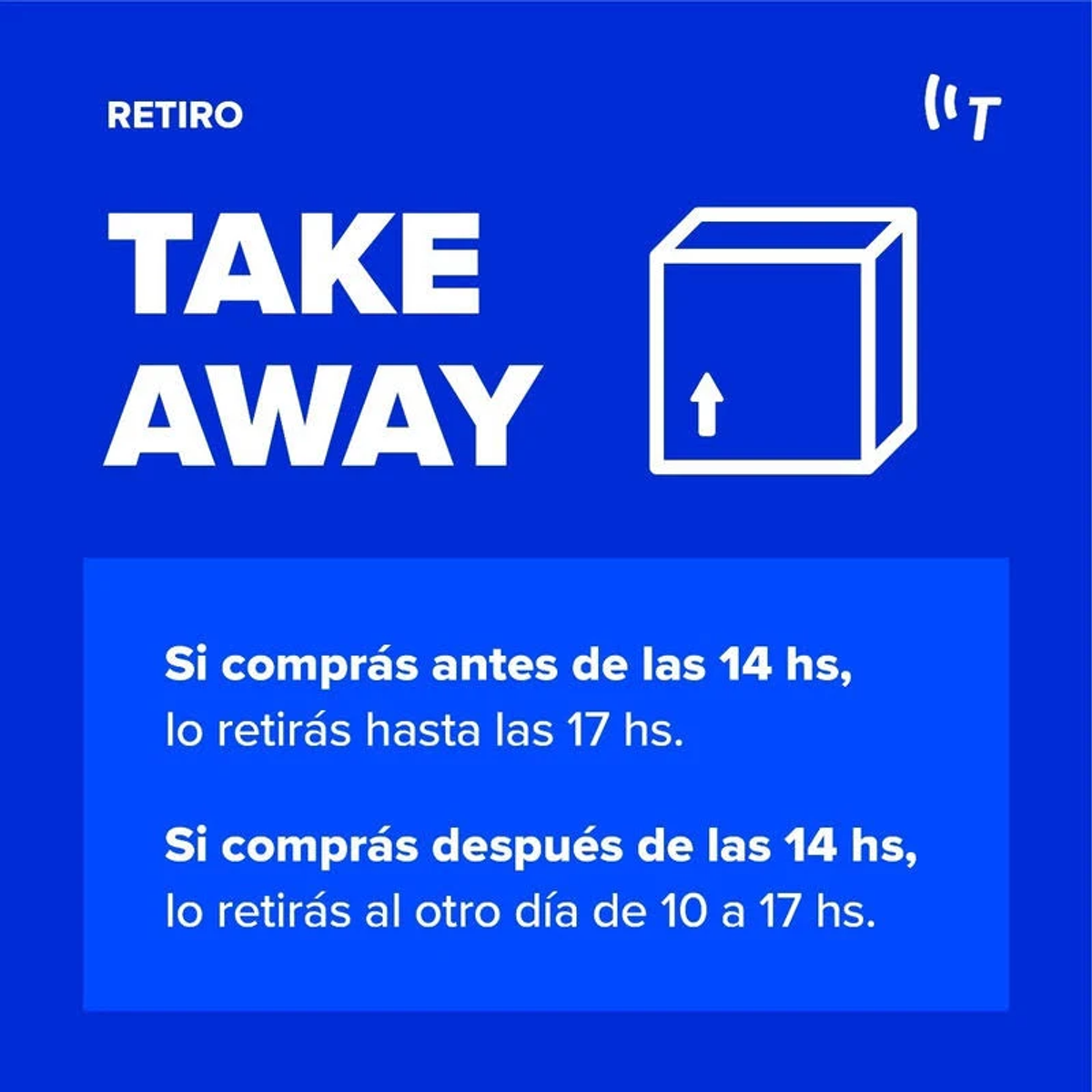 Sfondo blu con testo bianco. Informazioni sul servizio take away.