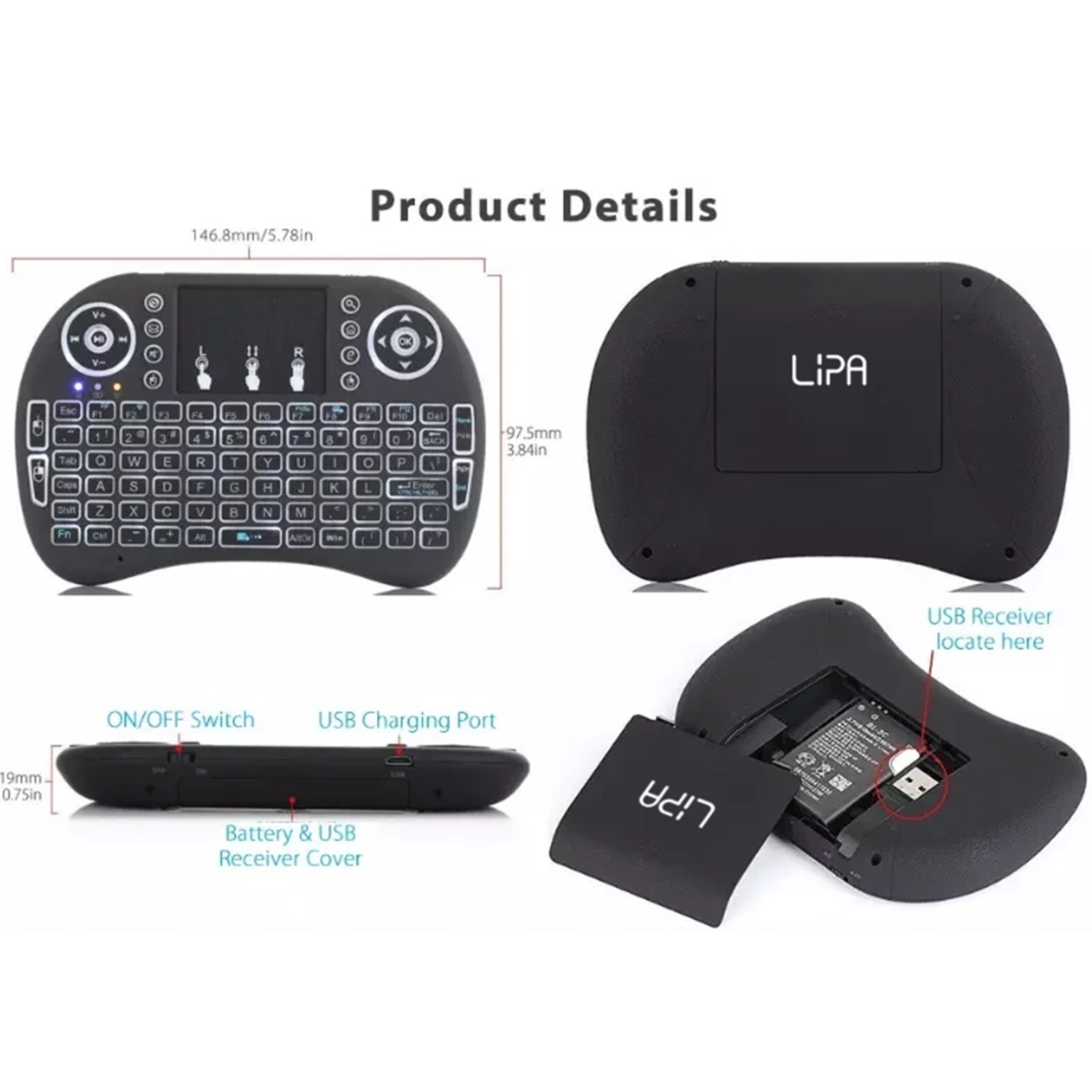 Czarna mini klawiatura, różne widoki, pokazujące klawisze, wymiary i lokalizację odbiornika USB, ze szczegółami.