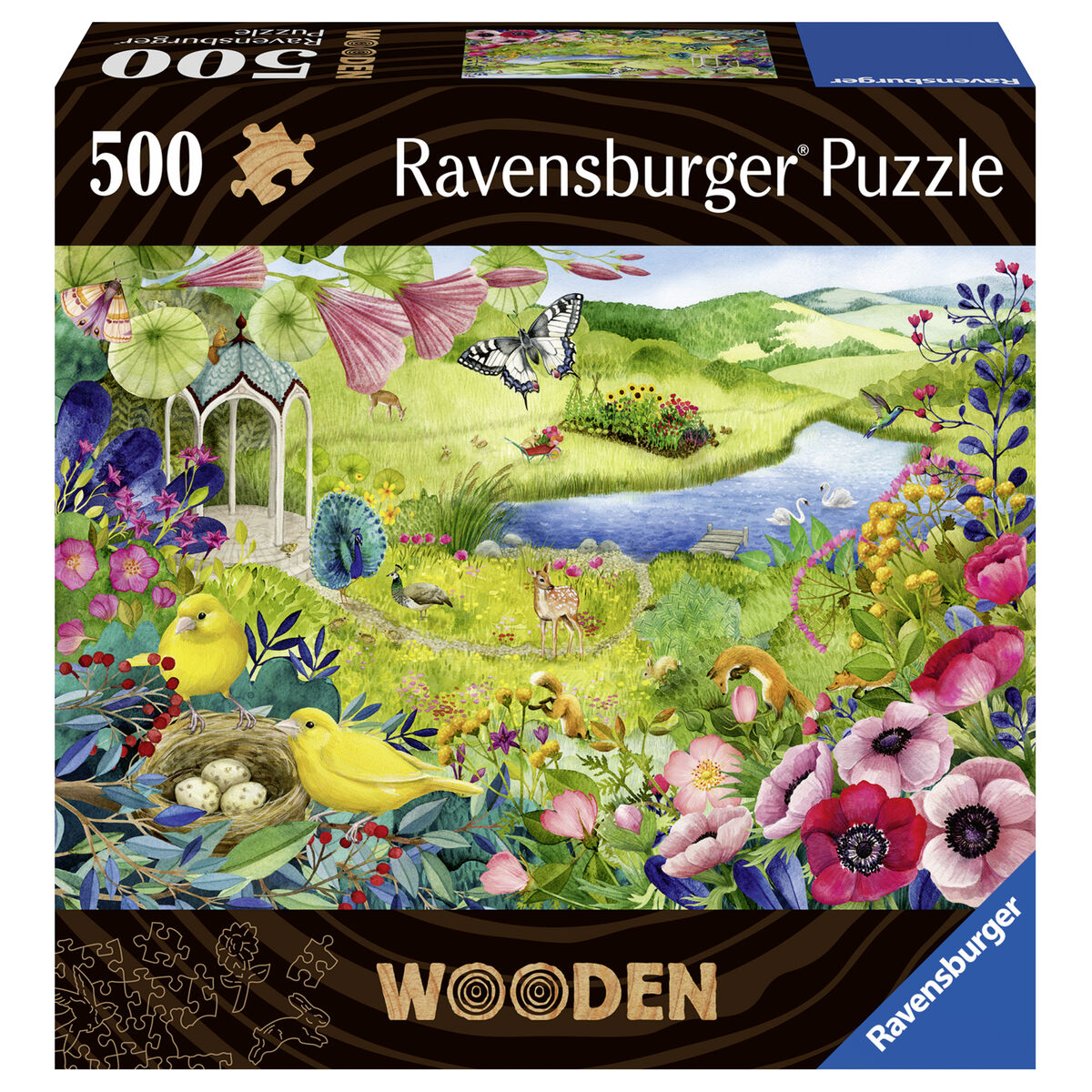 Een 500-delige Ravensburger puzzeldoos met een kleurrijke tuinscène. Houten stukken getoond.