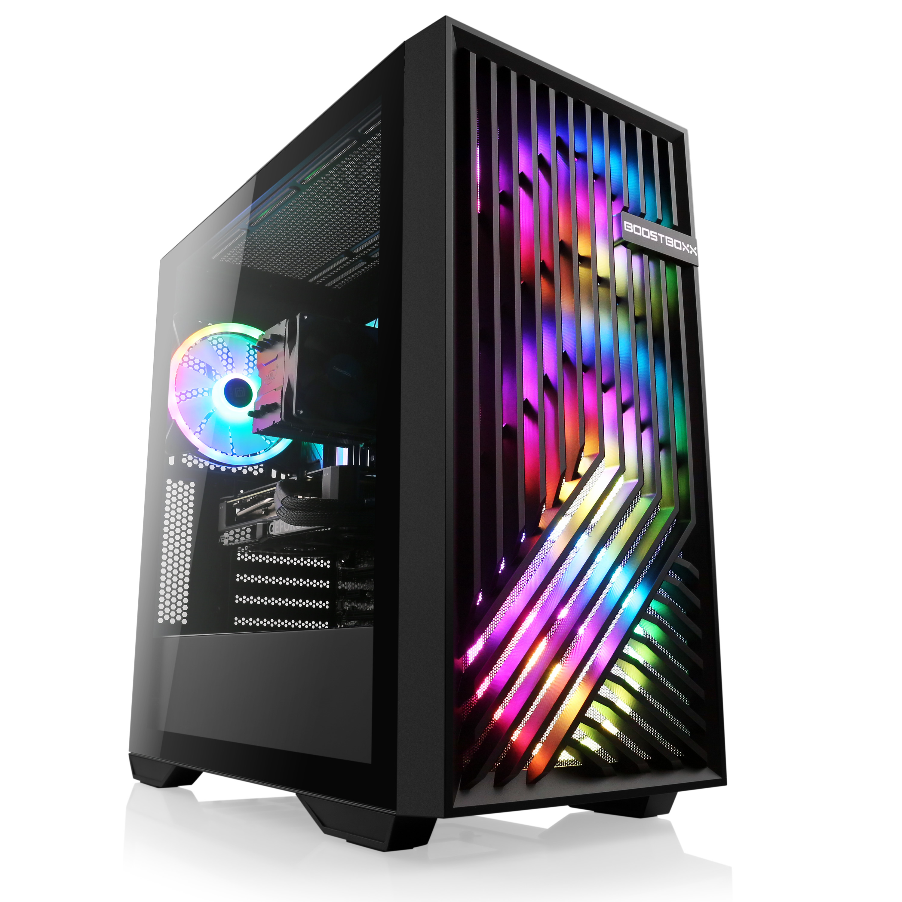 Schwarzes Computergehäuse mit Glasseitenwand und mehrfarbigen Lichtern. Es hat einen Lüfter und ein BOOSTBOX-Logo.