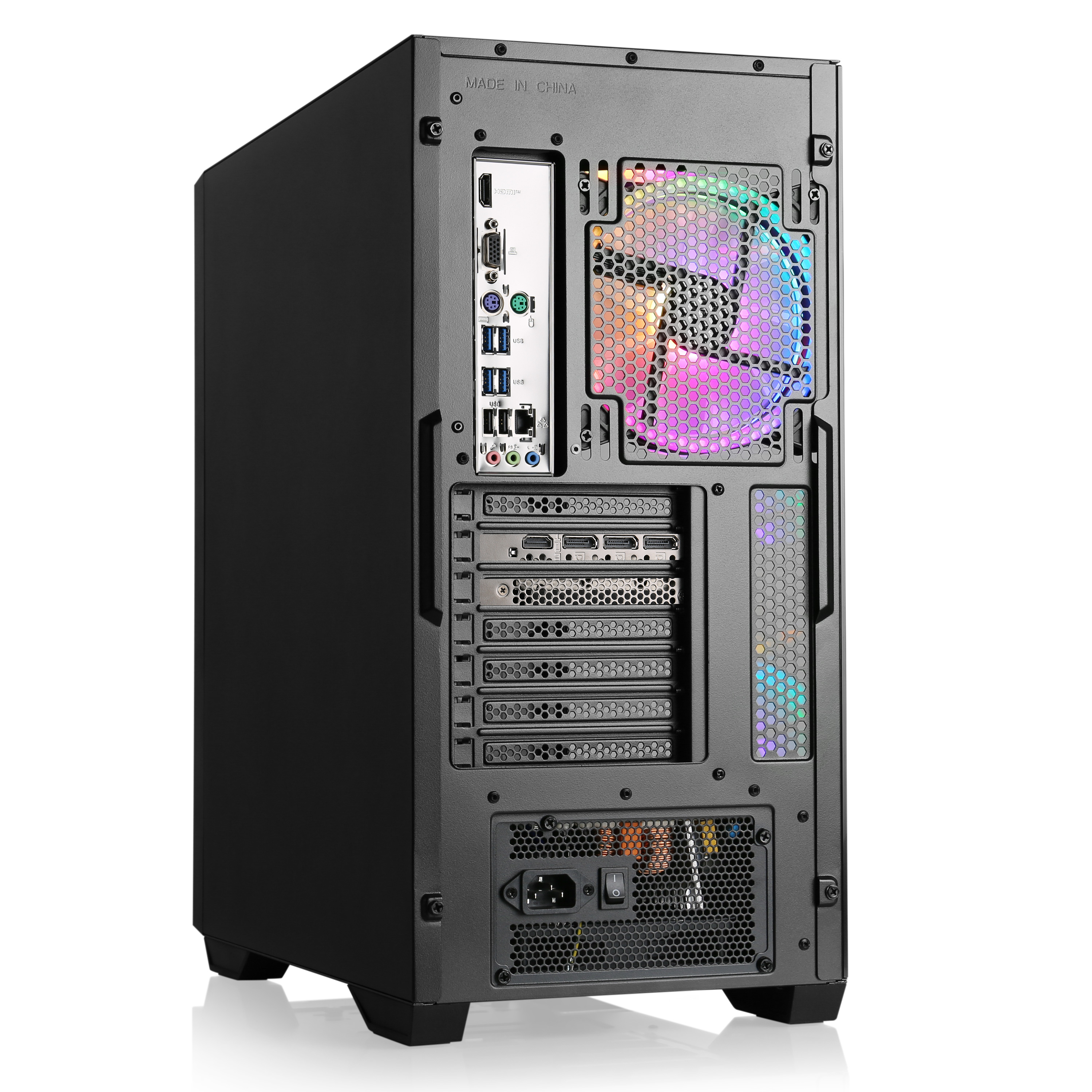 Die Rückseite eines schwarzen Computergehäuses mit Regenbogenlüfter und verschiedenen Anschlüssen.