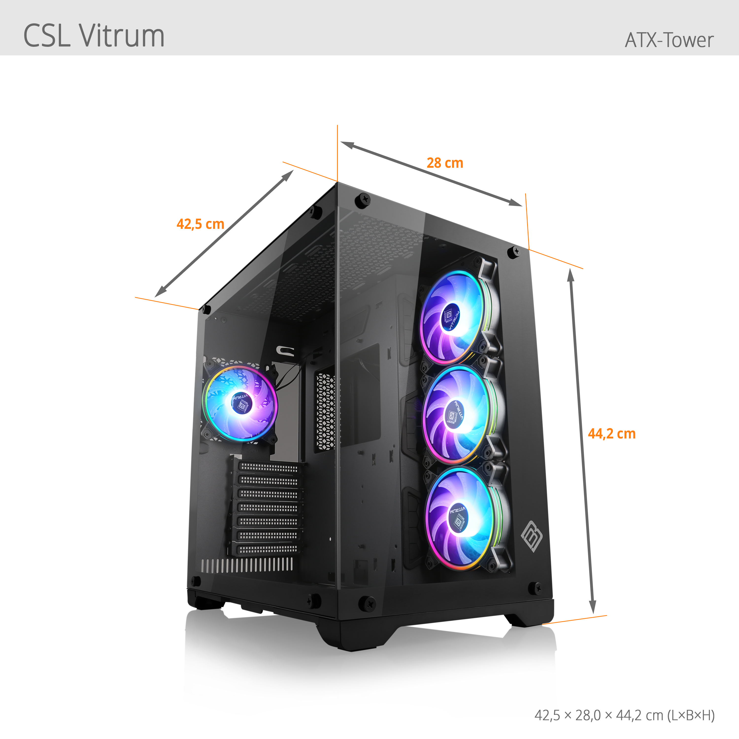 Un case per computer nero con dimensioni e ventole con luci colorate.