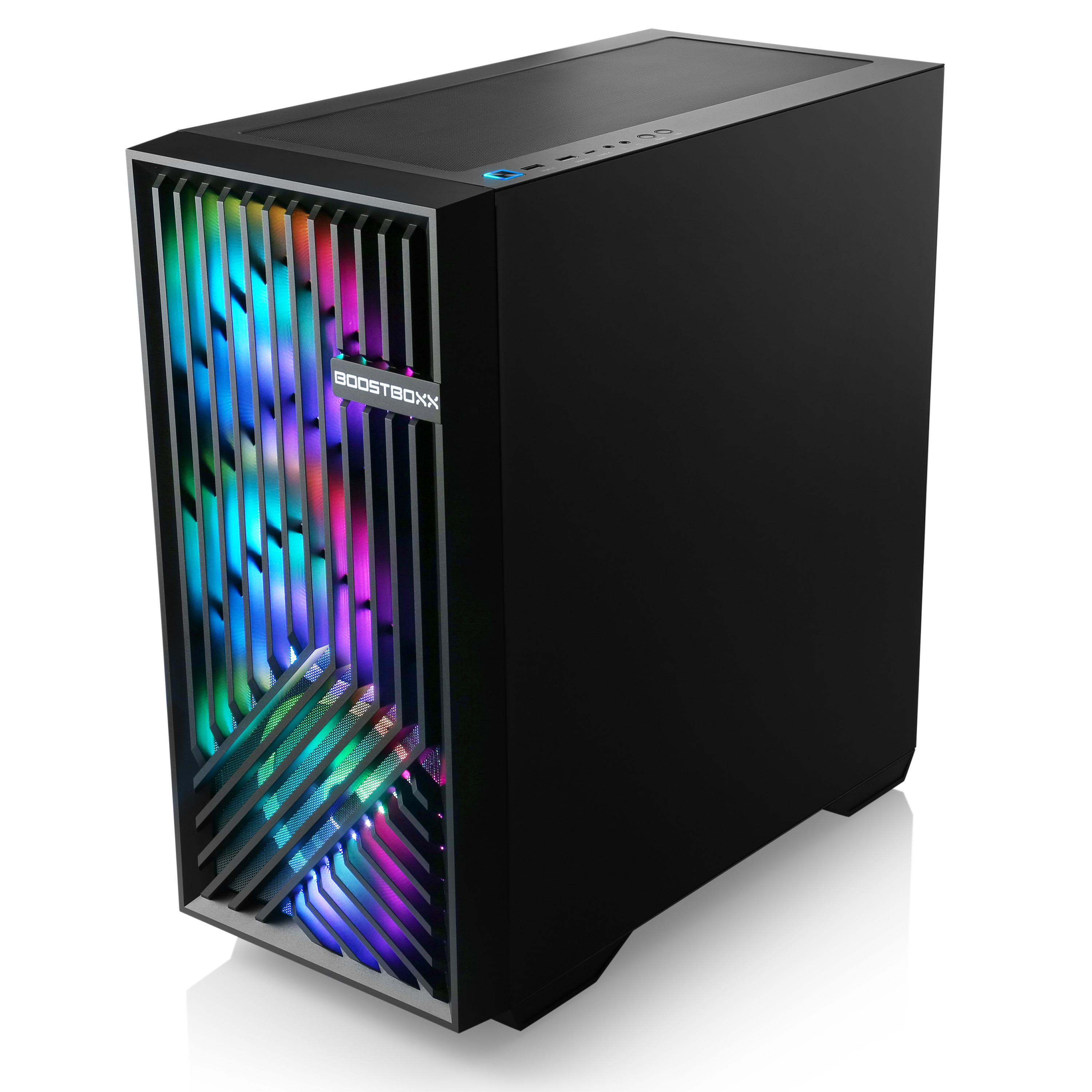 Schwarzes Computergehäuse mit bunten Lichtern.