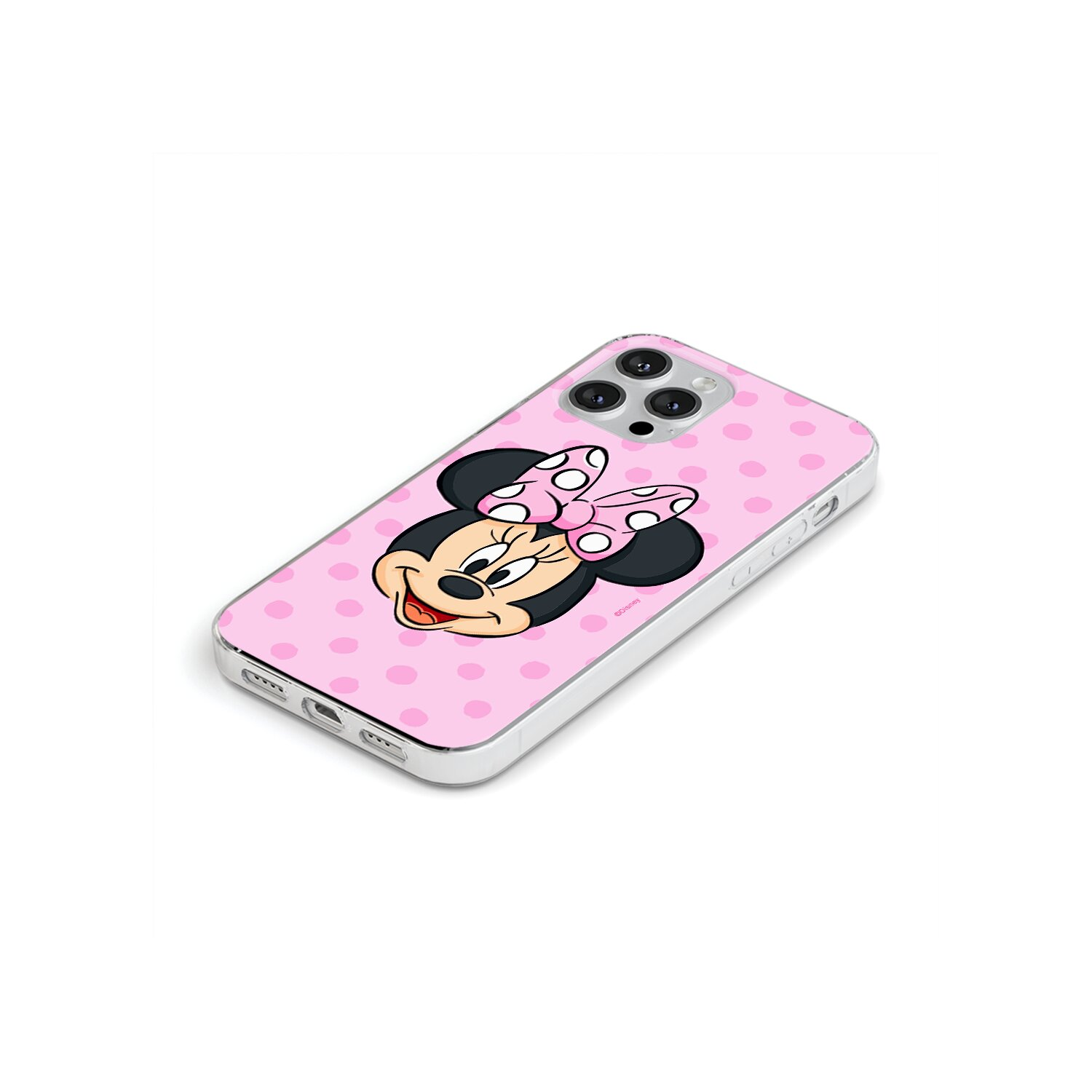 Custodia rosa con volto di Minnie Mouse e pois.
