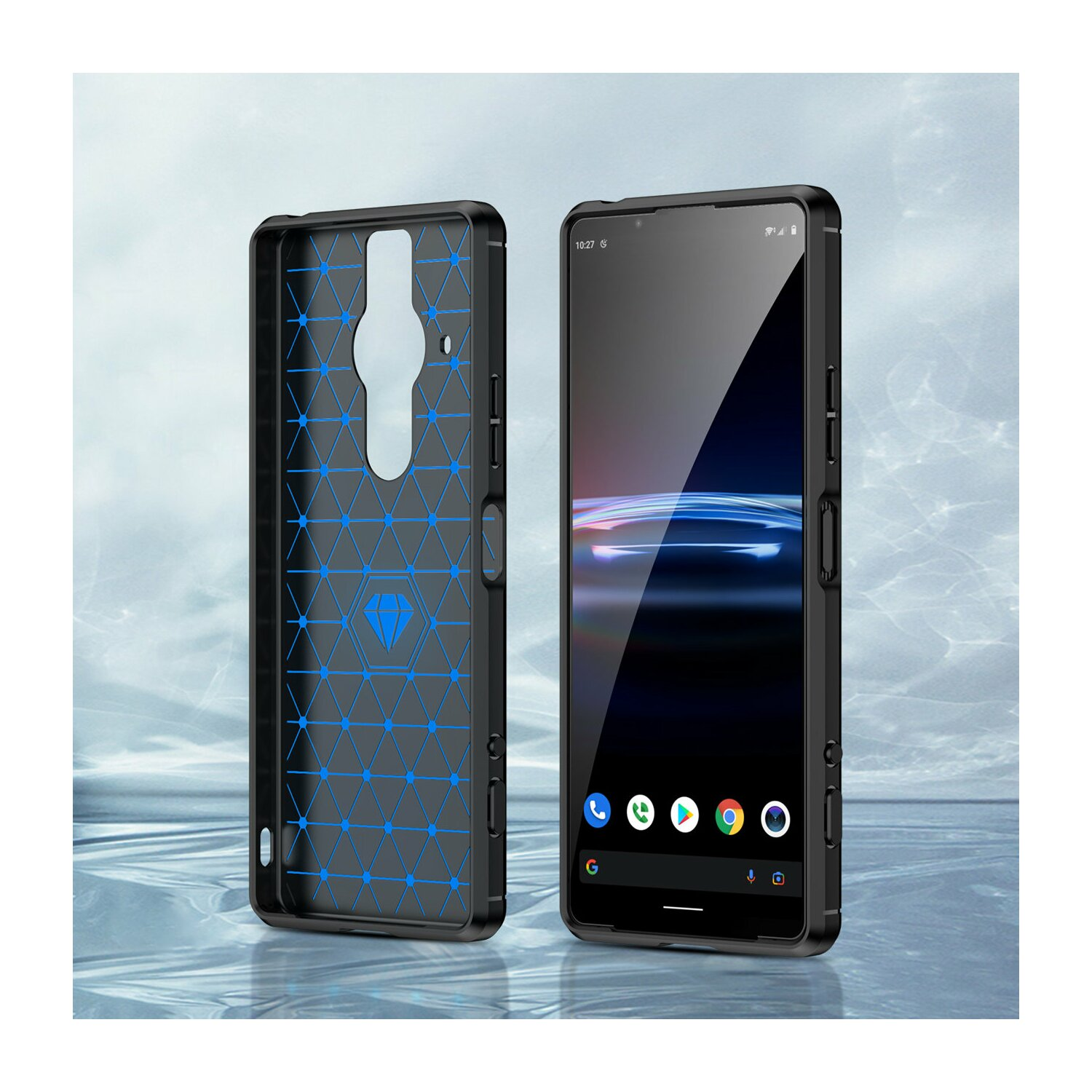 Ein Telefon in einer Hülle. Die Hülle ist blau und schwarz. Das Telefon hat Apps.
