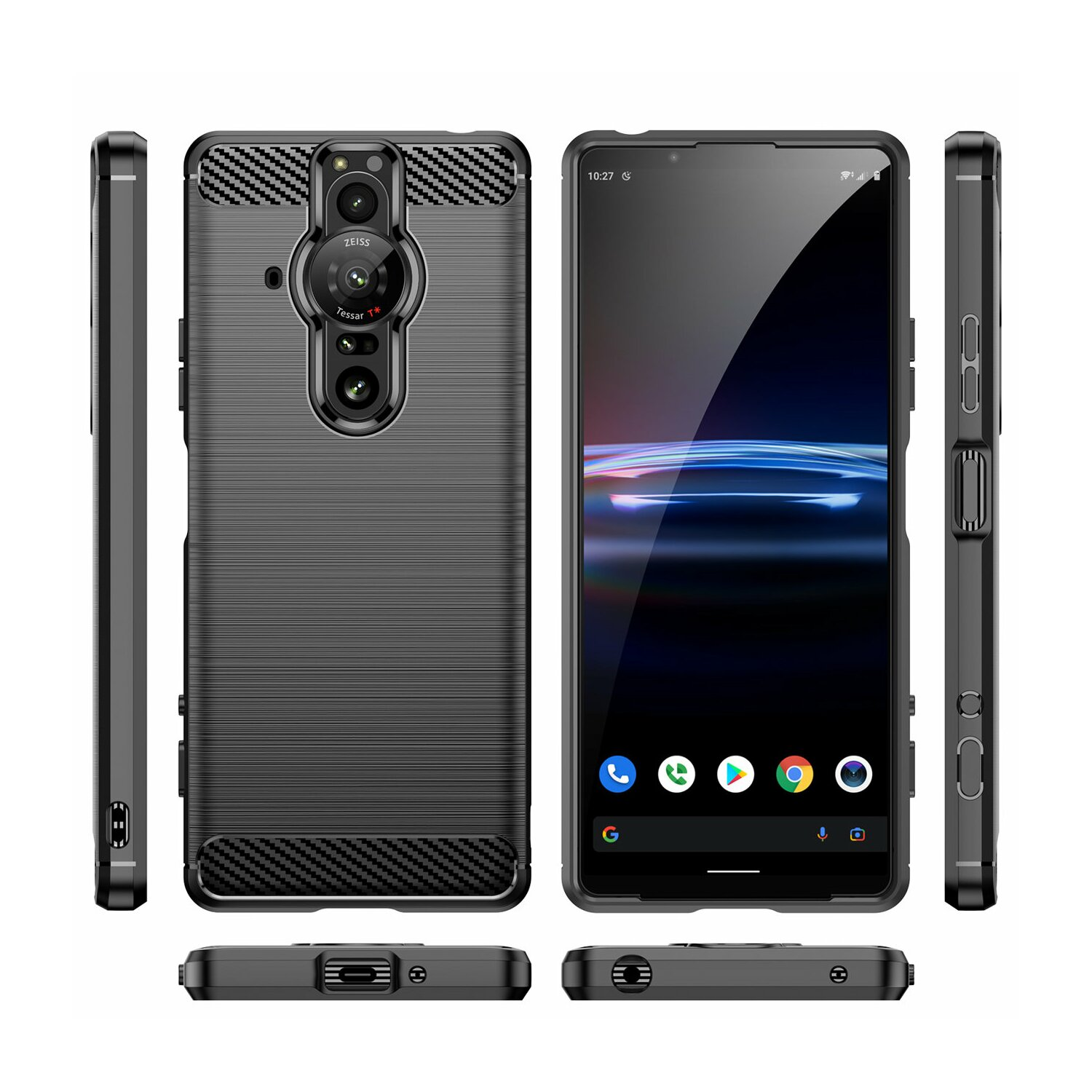 Schwarzes Smartphone mit Karbonfasertextur auf der Rückseite und mehreren Ansichten: Seiten, oben, unten.