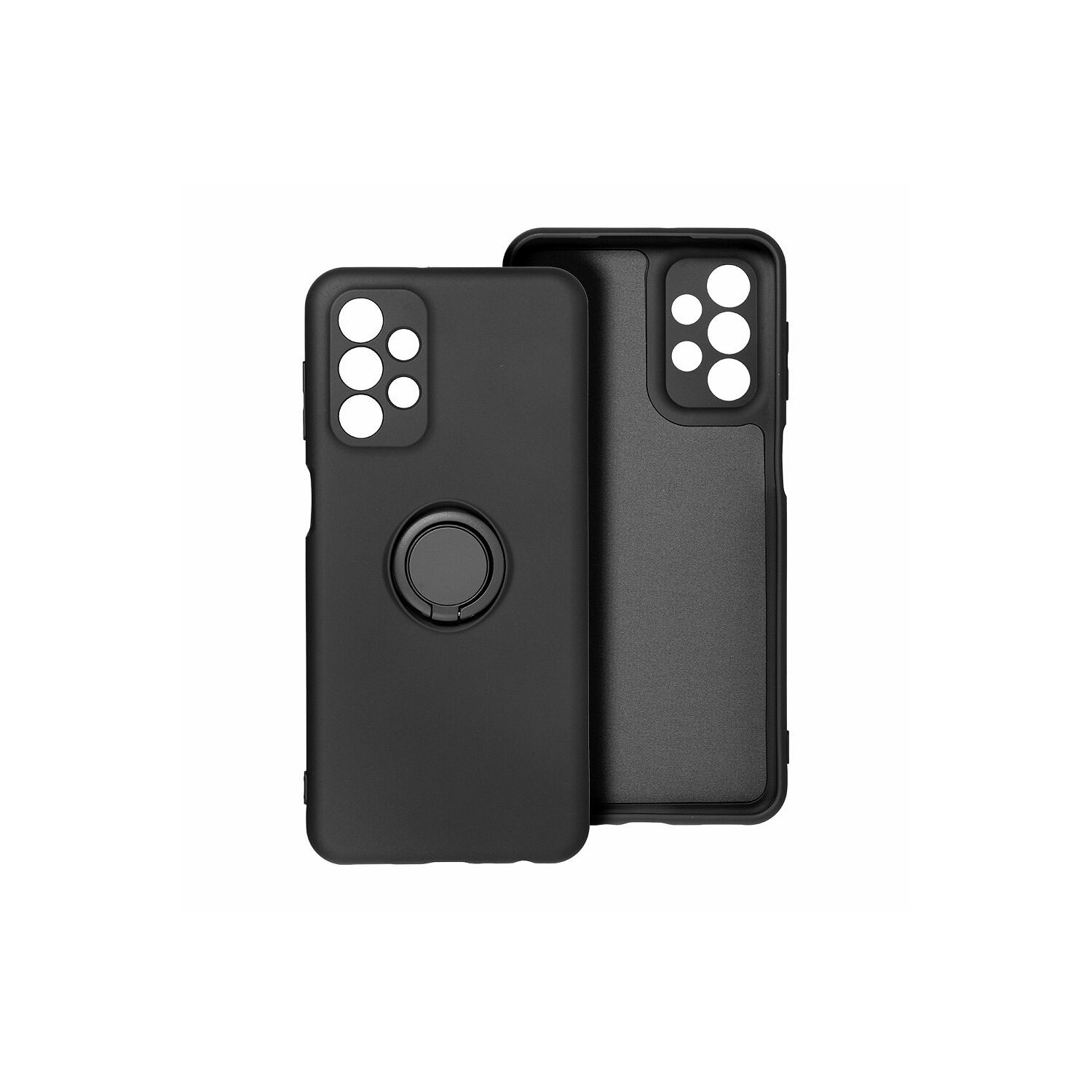 Due custodie per telefono nere. Una con supporto ad anello, entrambe per un telefono Samsung.