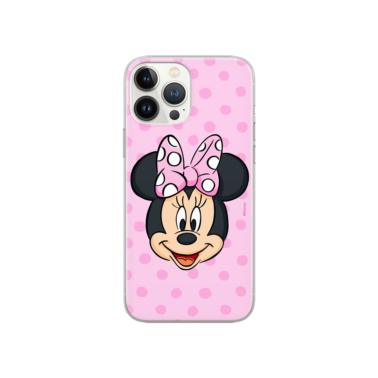 Custodia per telefono di Minnie Mouse. Il volto di Minnie su uno sfondo rosa a pois.