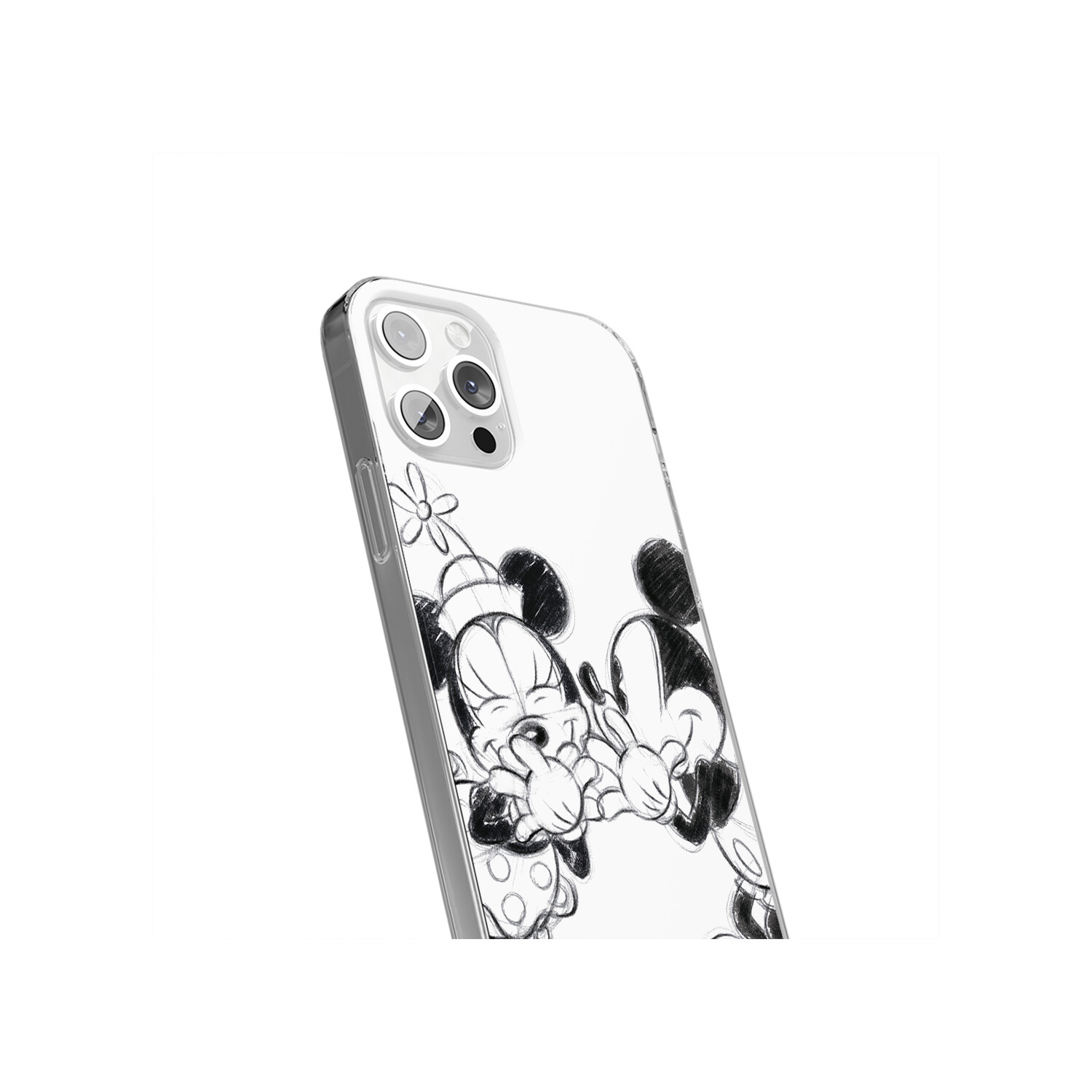 Handyhülle mit Skizze von Minnie und Mickey Mouse, die sich umarmen. Weißer Hintergrund.