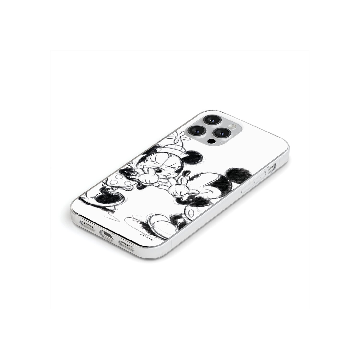 Weißes iPhone-Case mit schwarzer Mickey- und Minnie-Mouse-Skizze. Weißer Hintergrund.