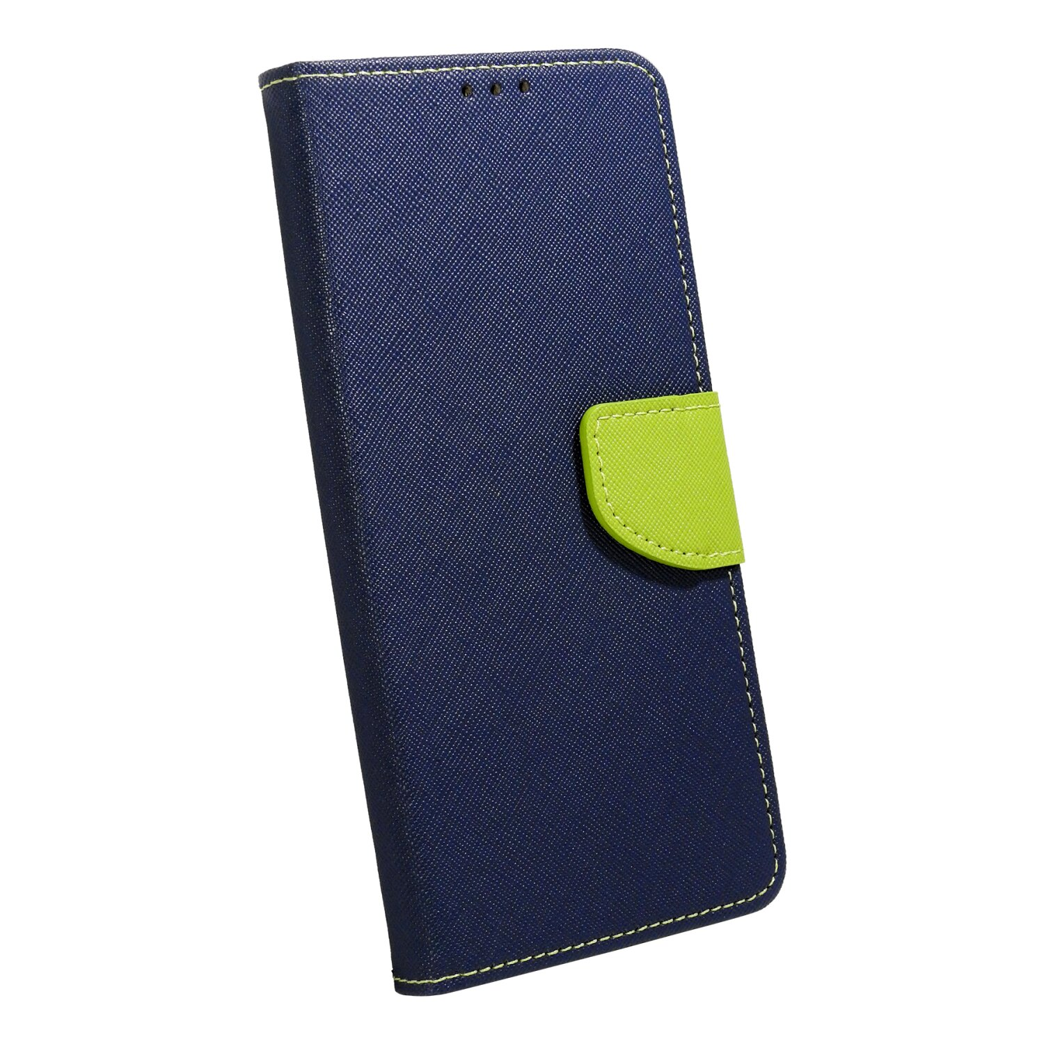 Custodia a portafoglio per telefono blu con chiusura verde, angolata su sfondo bianco.
