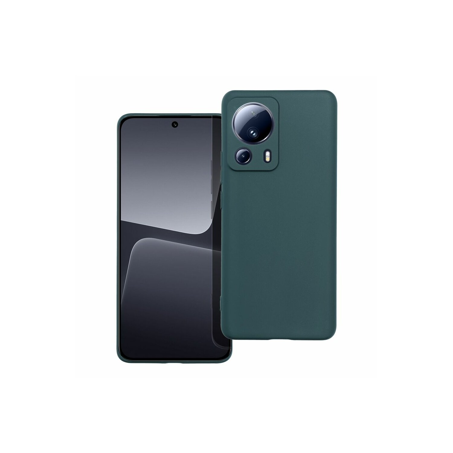 Set telefono e custodia verde scuro. Il telefono a sinistra, la custodia a destra. Sfondo bianco.
