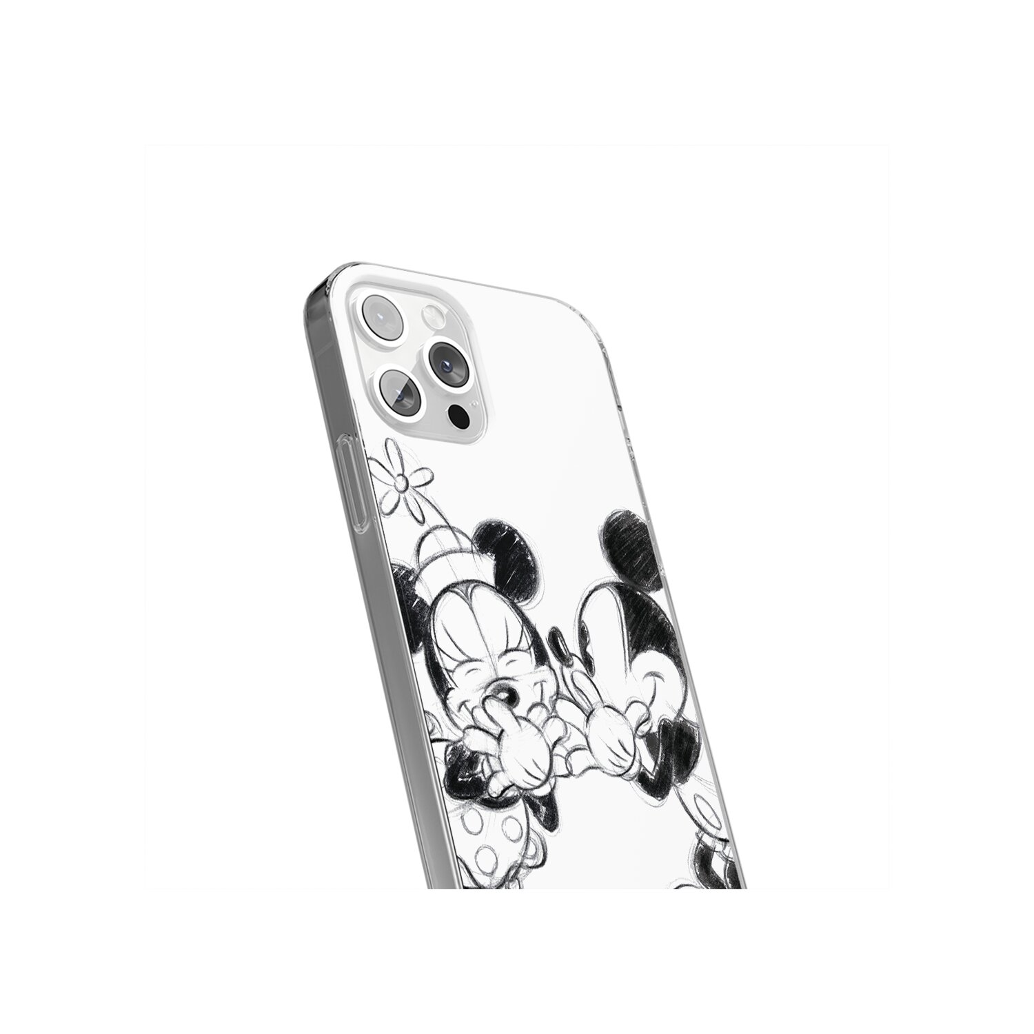 Weiße Handyhülle mit einer Skizze von Mickey und Minnie Mouse, die sich umarmen.