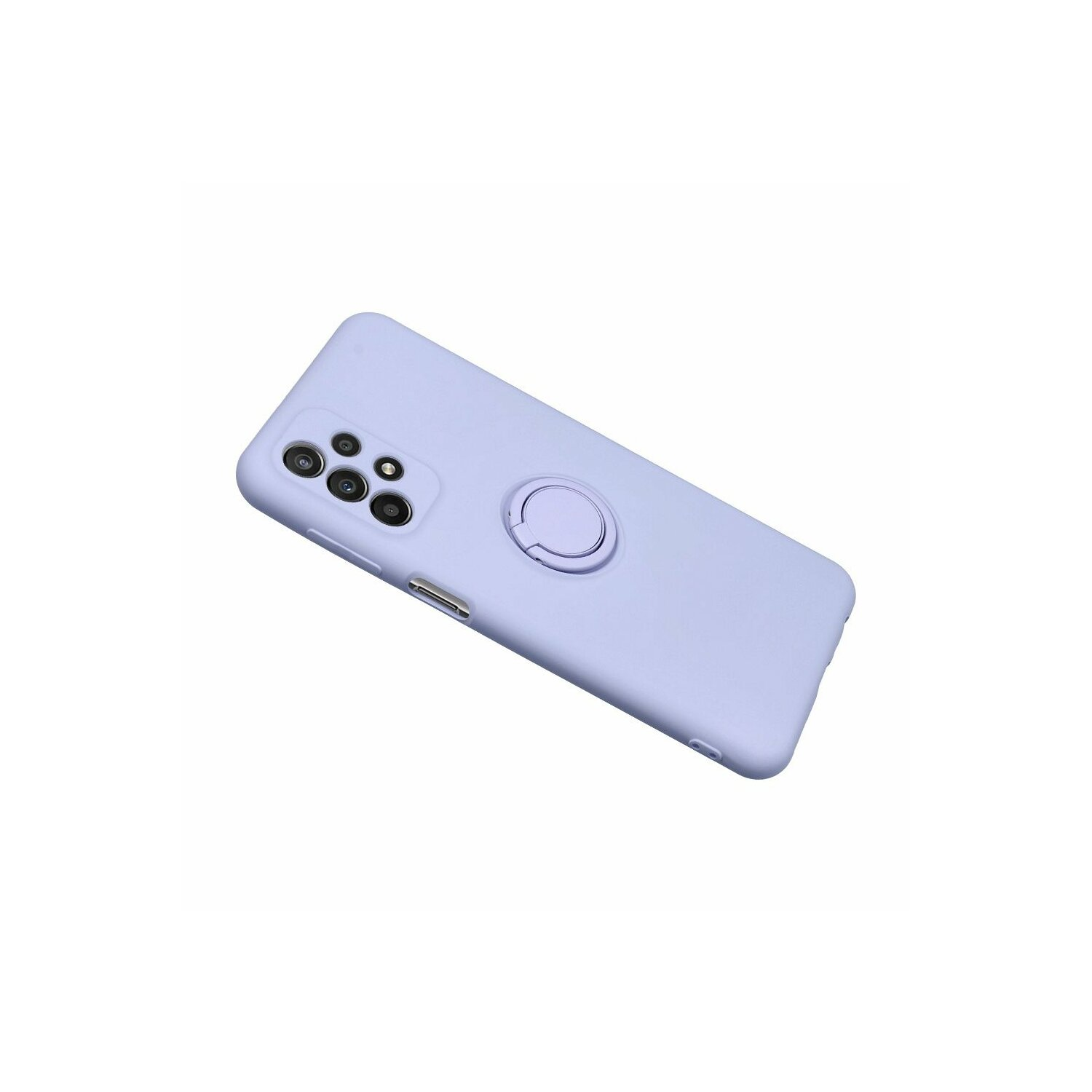 Custodia per telefono lilla con supporto ad anello sul retro, isolata su sfondo bianco.