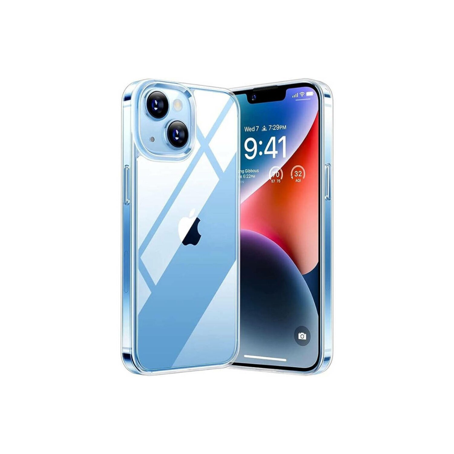 iPhone blu con custodia trasparente, che mostra lo schermo, isolato su sfondo bianco.