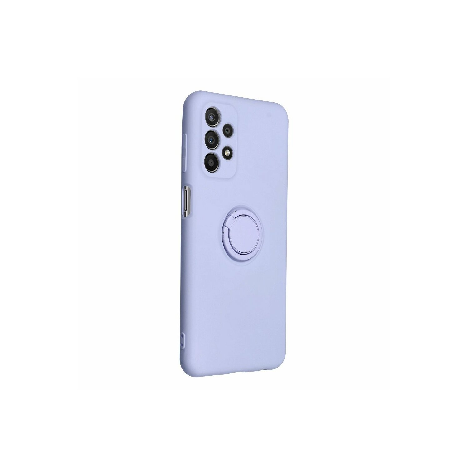 Una custodia per telefono viola chiaro con supporto ad anello. La custodia ha un modulo fotocamera.