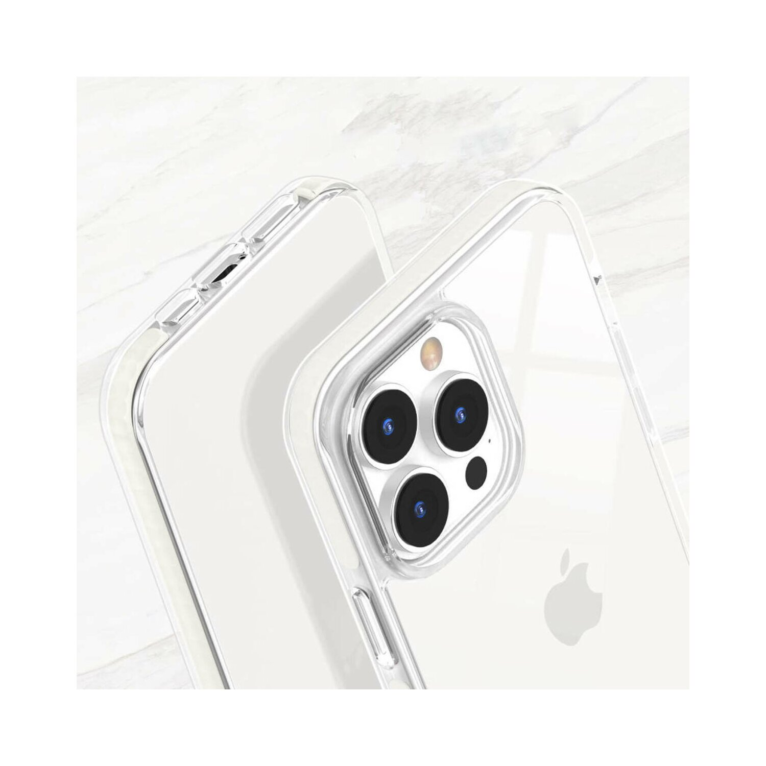 Due custodie trasparenti per telefono, che mostrano la fotocamera del telefono e il logo Apple.