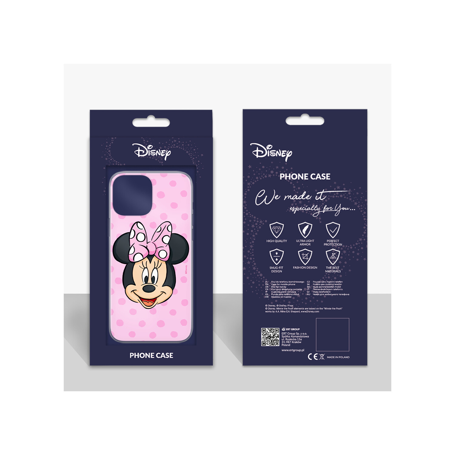 Confezione della custodia per telefono di Minnie Mouse. La custodia ha la faccia di Minnie su pois rosa. Il retro ha del testo.