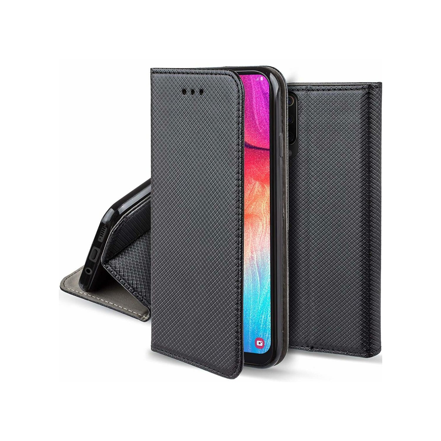 Una custodia per telefono nera con un telefono all'interno. La custodia è aperta. Il telefono visualizza un'immagine colorata.