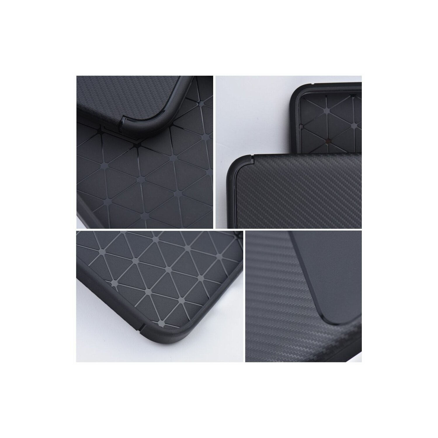 Primi piani di custodie per telefoni nere con motivo geometrico e texture in fibra di carbonio.