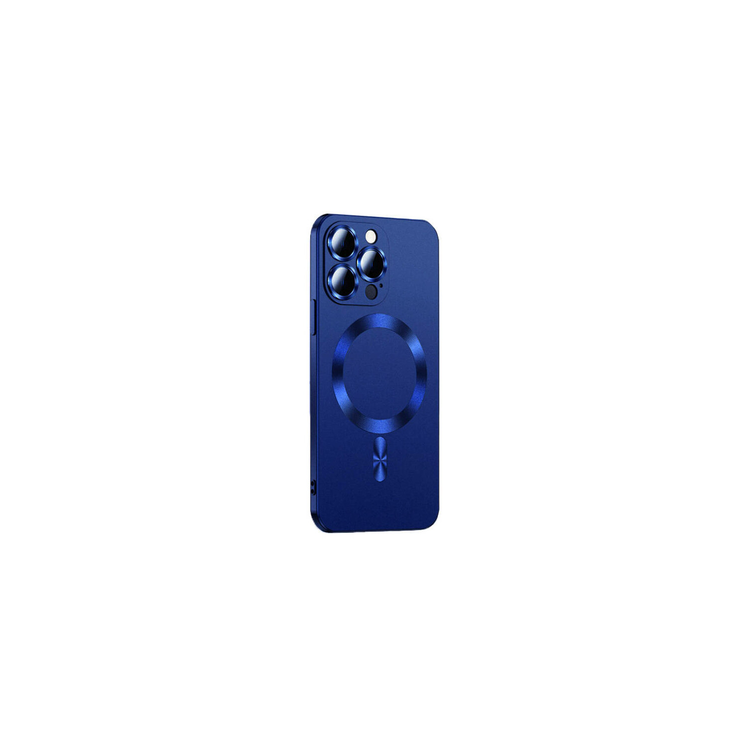 Custodia blu per telefono con design circolare. Sfondo bianco.
