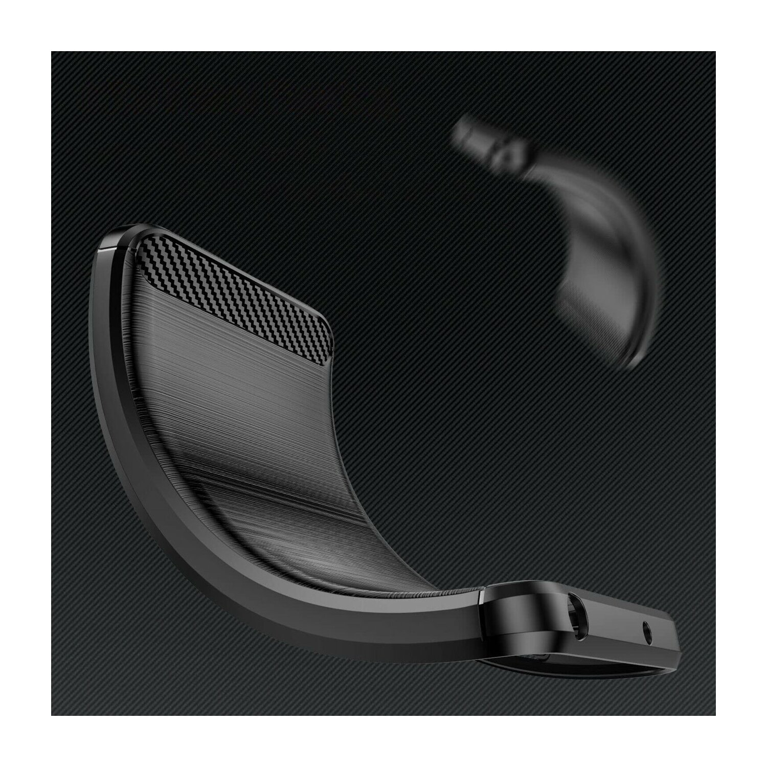 Custodia nera per telefono con design in fibra di carbonio. La custodia è curva su uno sfondo strutturato.