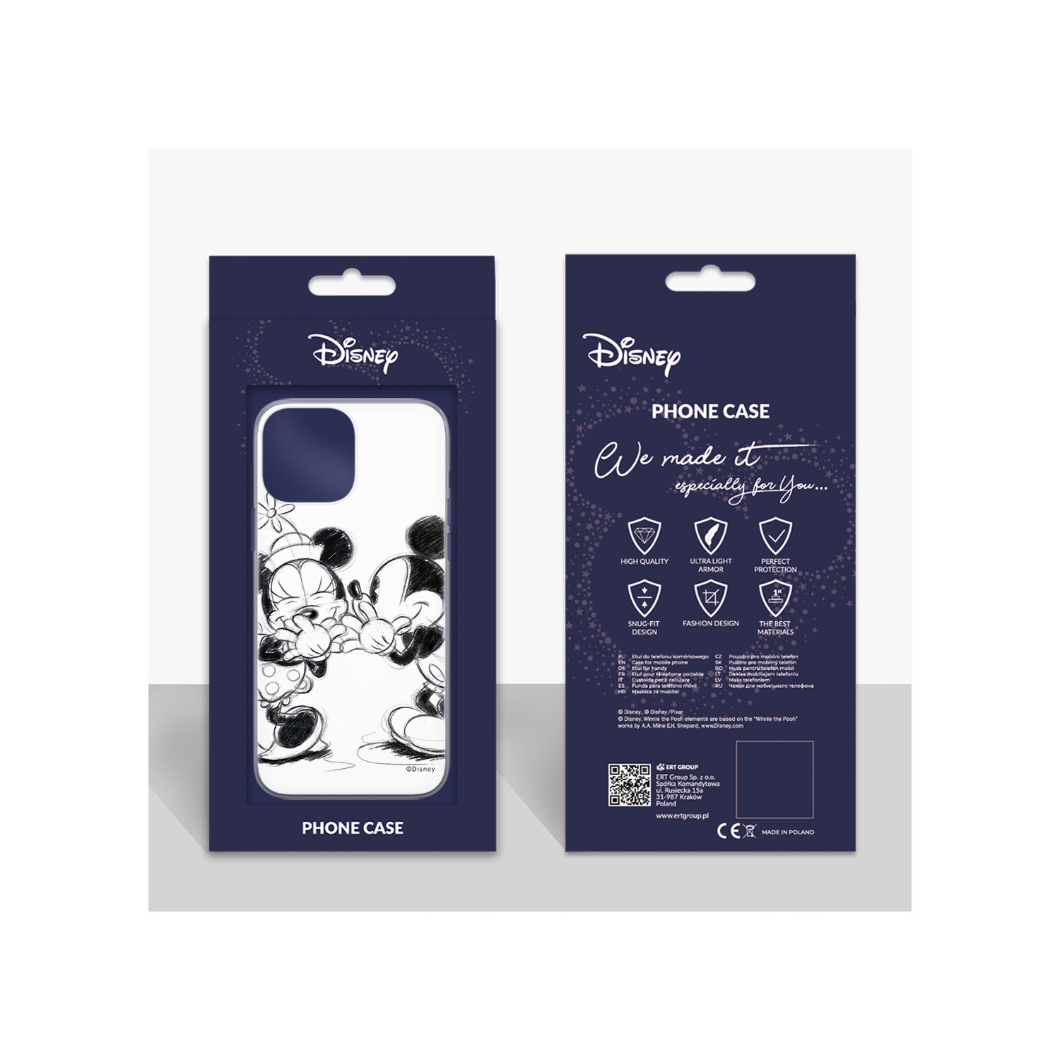 Disney Handyhüllen-Verpackung mit Minnie und Mickey Mouse. Weißer Hintergrund.