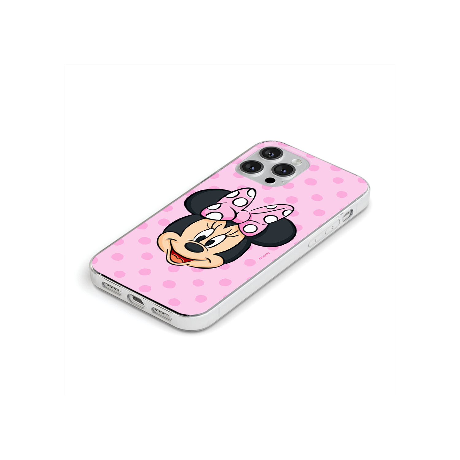 Custodia rosa per telefono con Minnie Mouse. La custodia ha un motivo a pois rosa.