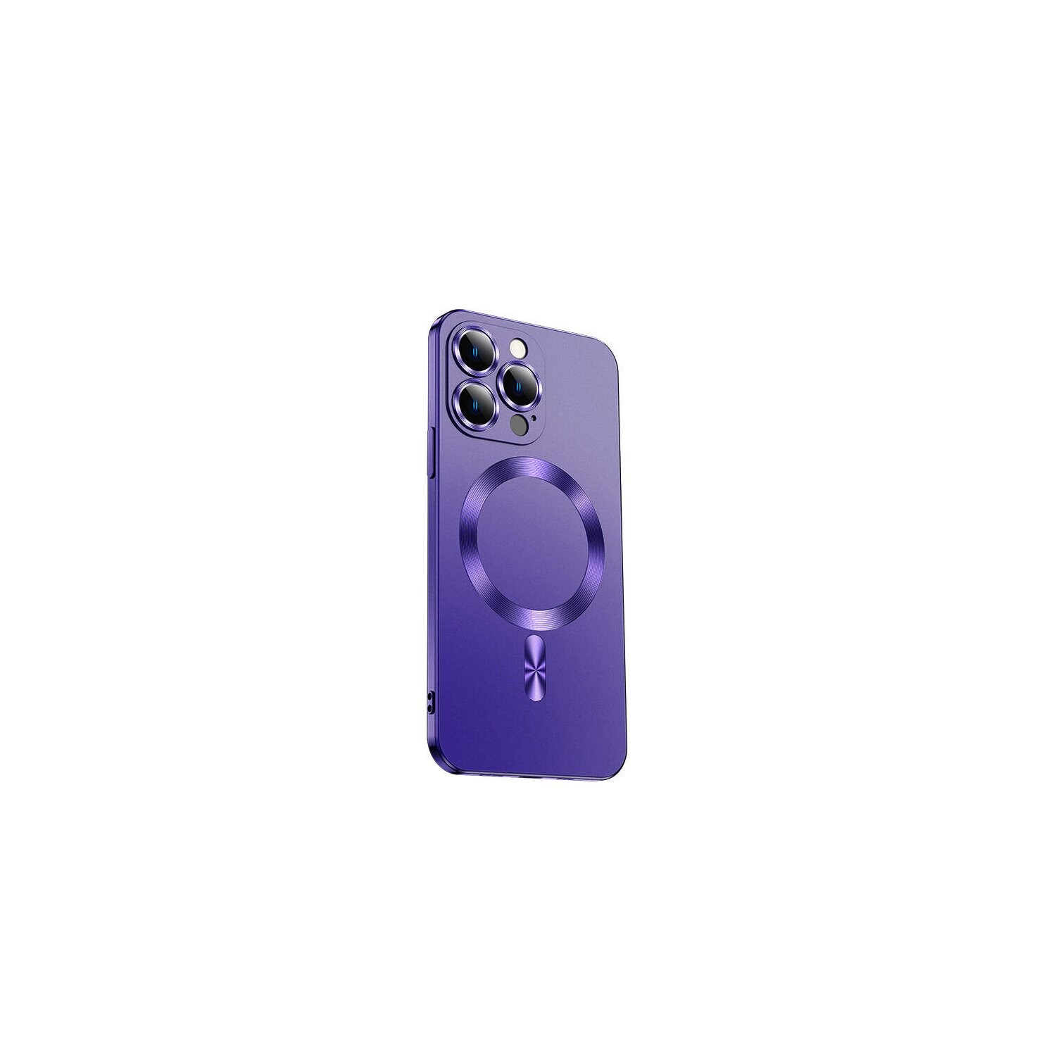 Una custodia viola per telefono con cerchio magnetico sul retro e sporgenza della fotocamera. Sfondo bianco.