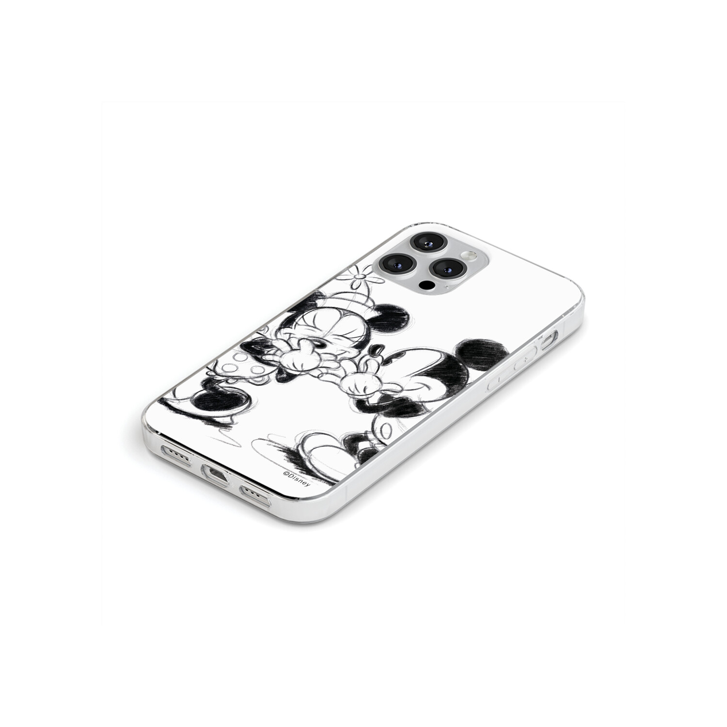 Custodia bianca per telefono con uno schizzo nero di Topolino e Minnie.