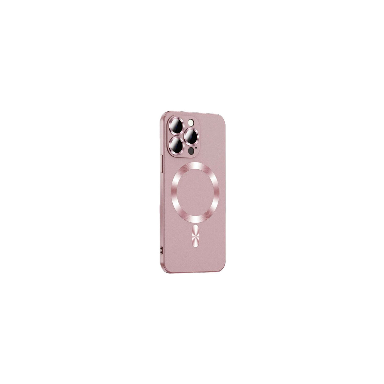 Custodia per telefono oro rosa con anello e area fotocamera. Sfondo bianco.