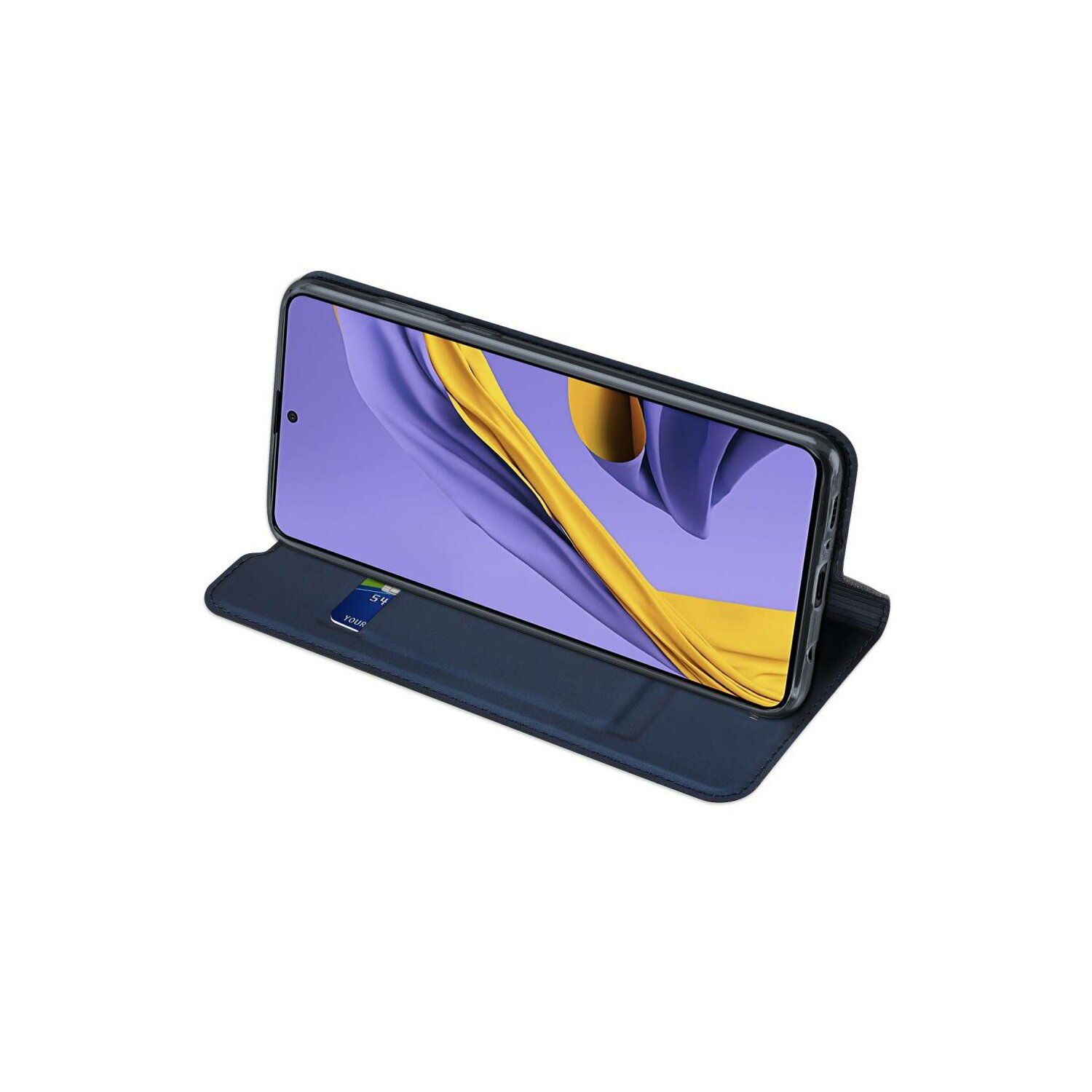 Uno smartphone in una custodia blu, esposto su un supporto con una carta.