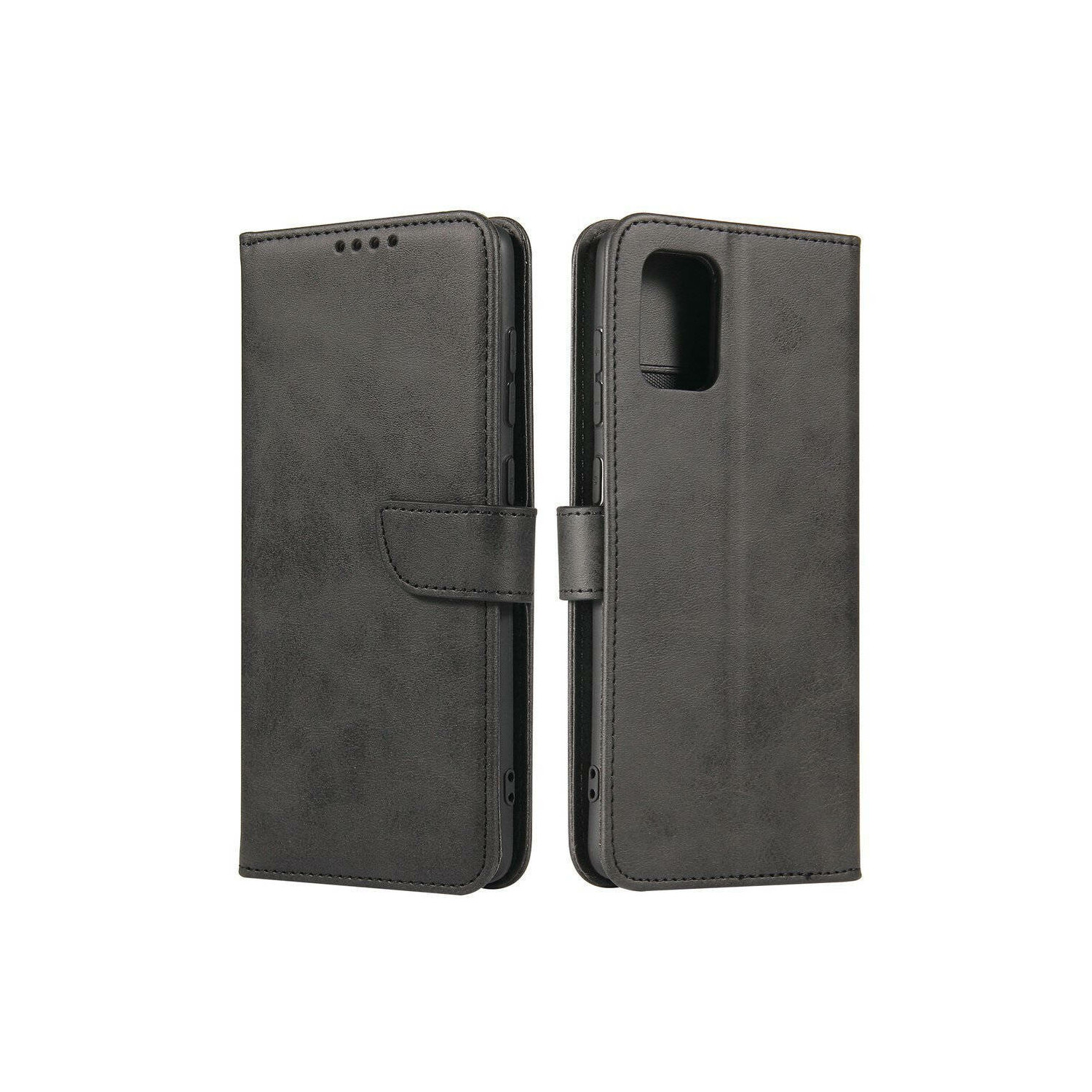 Custodia per telefono in pelle nera, chiusa e aperta, con bottone e fessure per carte.