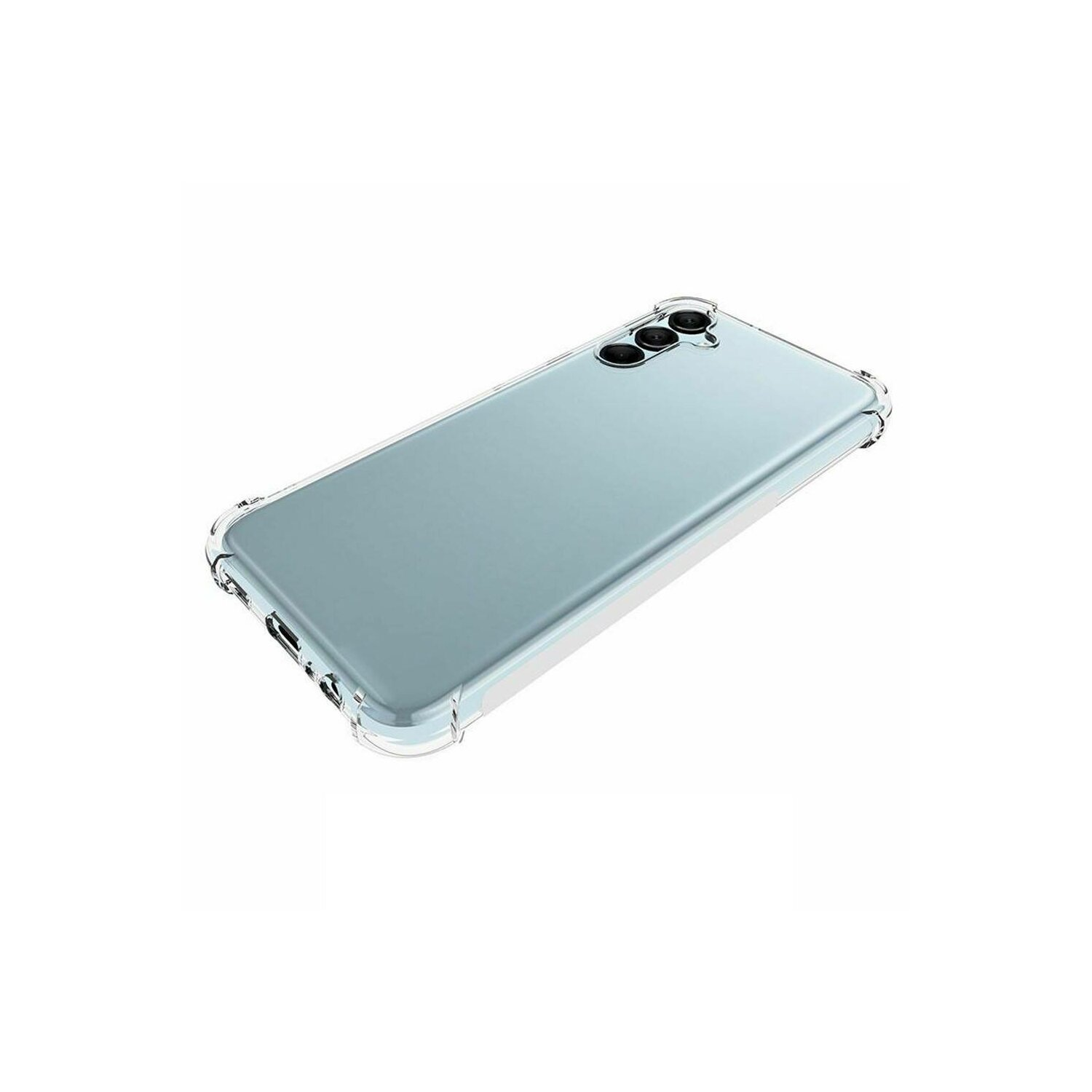 Una custodia trasparente per telefono su un telefono azzurro su sfondo bianco.