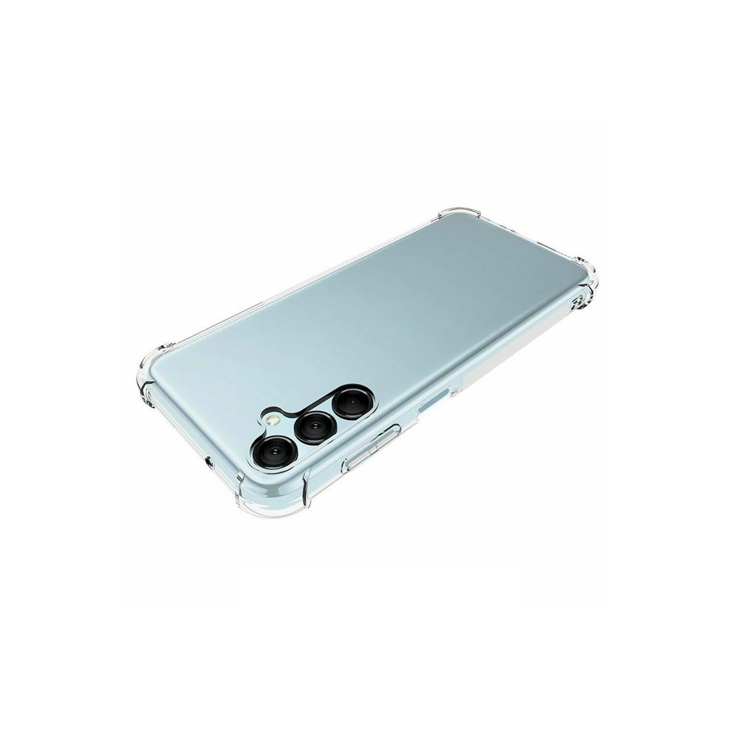 Custodia trasparente per telefono su sfondo bianco, con fori fotocamera.