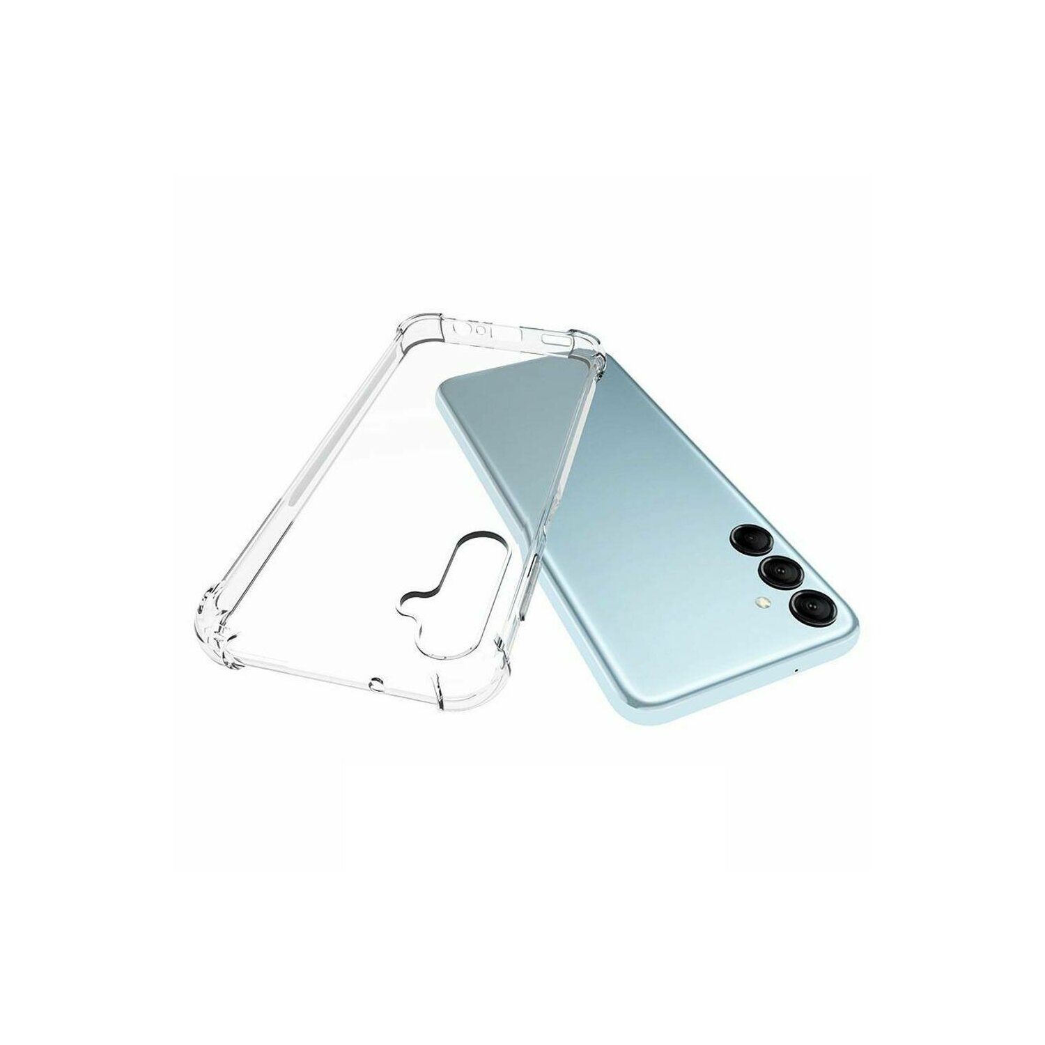 Una custodia trasparente per telefono accanto a un telefono blu. Il telefono ha tre obiettivi.