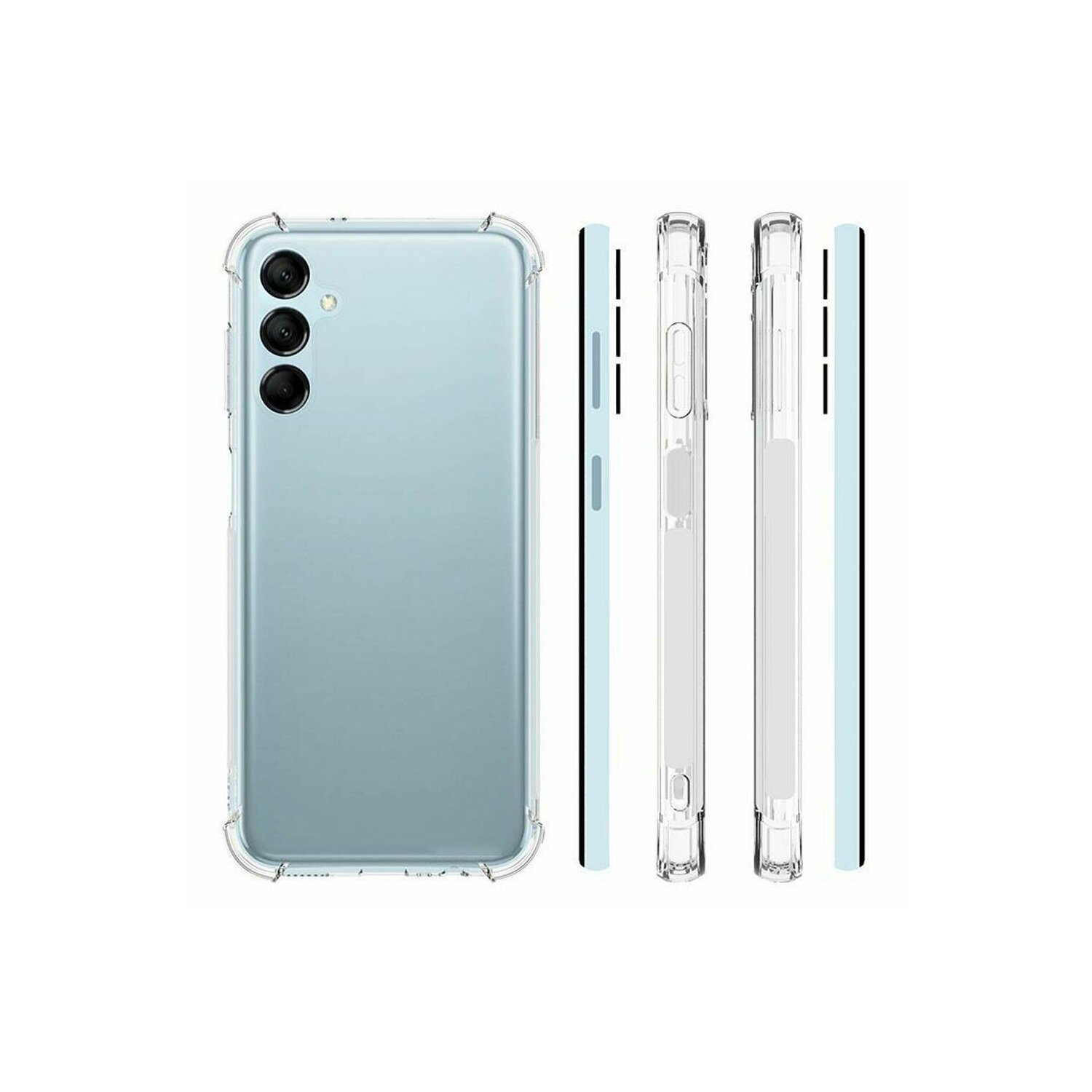 Un telefono azzurro e tre componenti trasparenti per custodia su sfondo bianco.