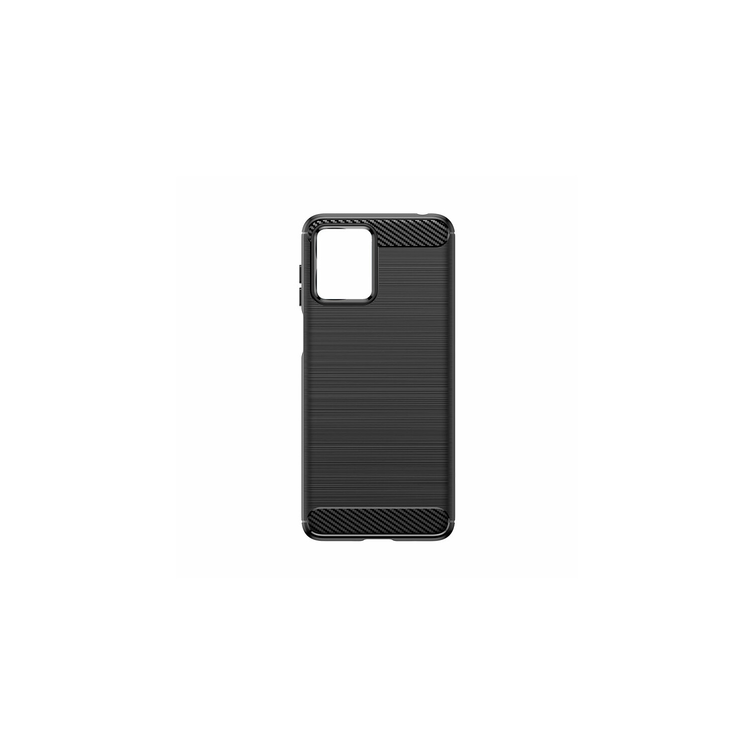 Custodia per telefono nera con design in fibra di carbonio strutturata e ritaglio quadrato per la fotocamera.