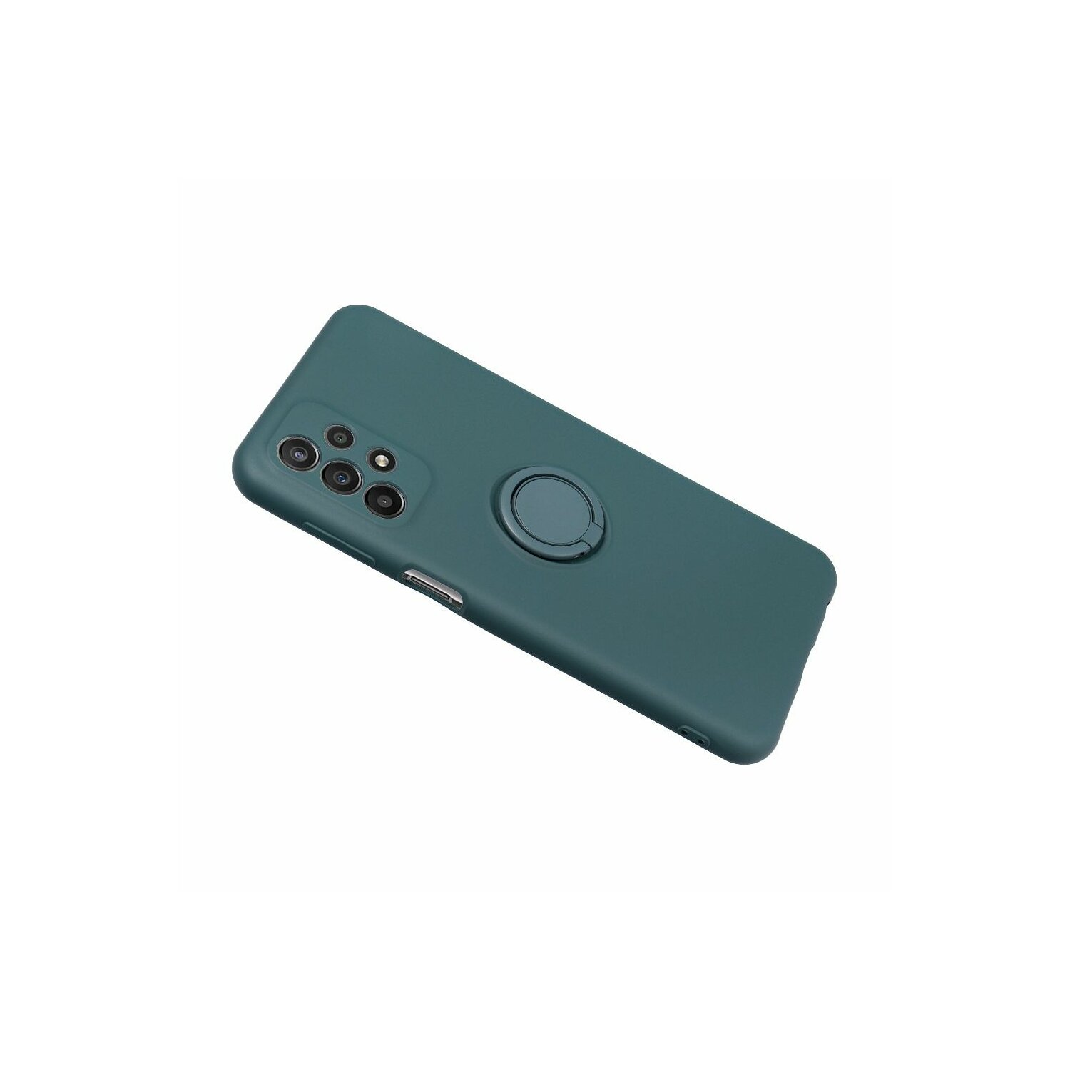 Custodia verde con fori per fotocamera e anello. È angolata su sfondo bianco.